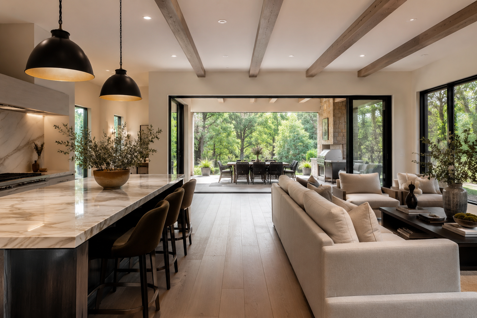 Modern luxury kitchen and living area with large glass doors opening to a wooded outdoor dining space