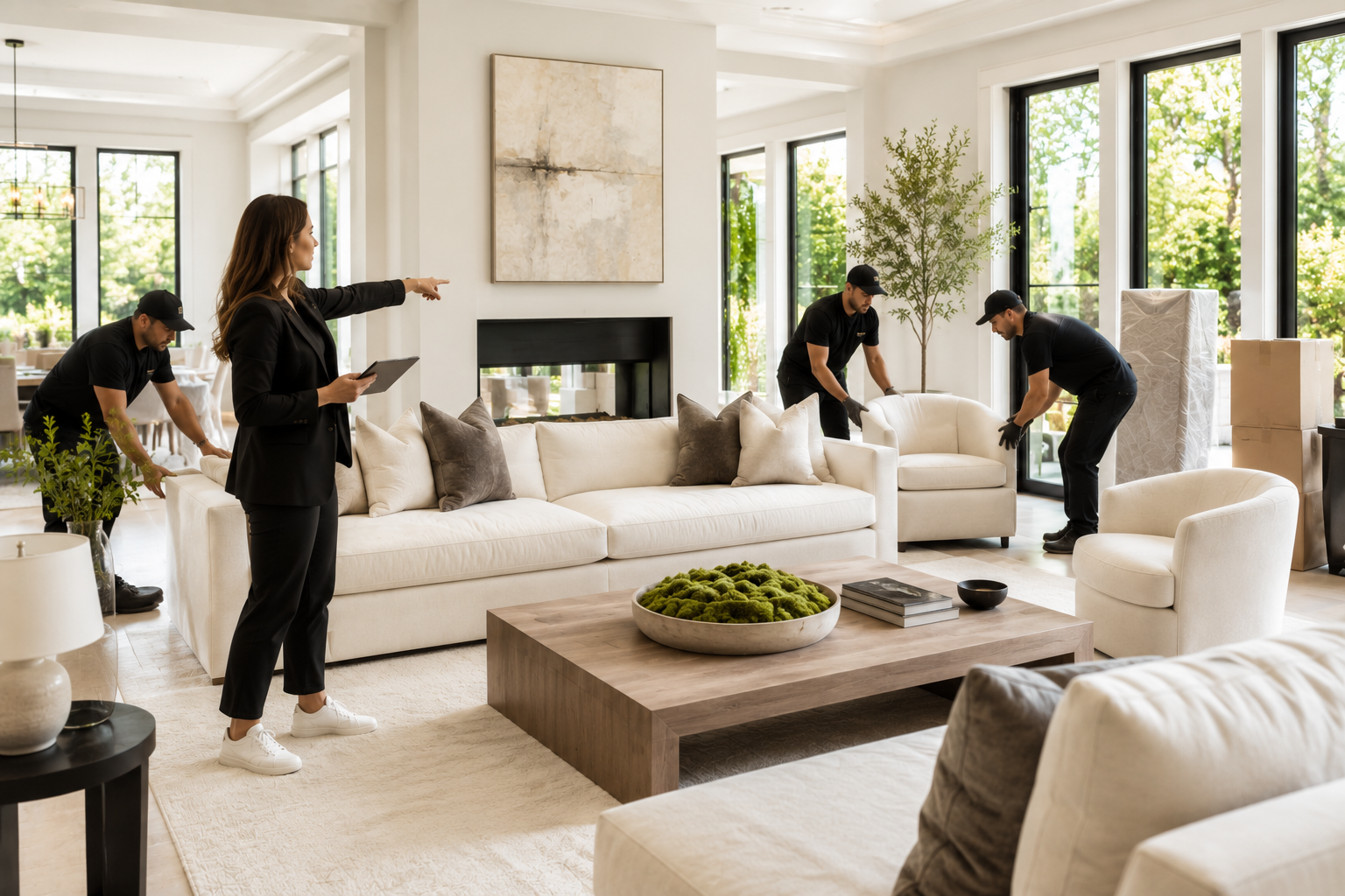 Luxury Home Staging Costs in Austin: What Sellers Actually Pay in 2026 Luxury home staging in progress in a modern Austin living room with designer directing a professional crew