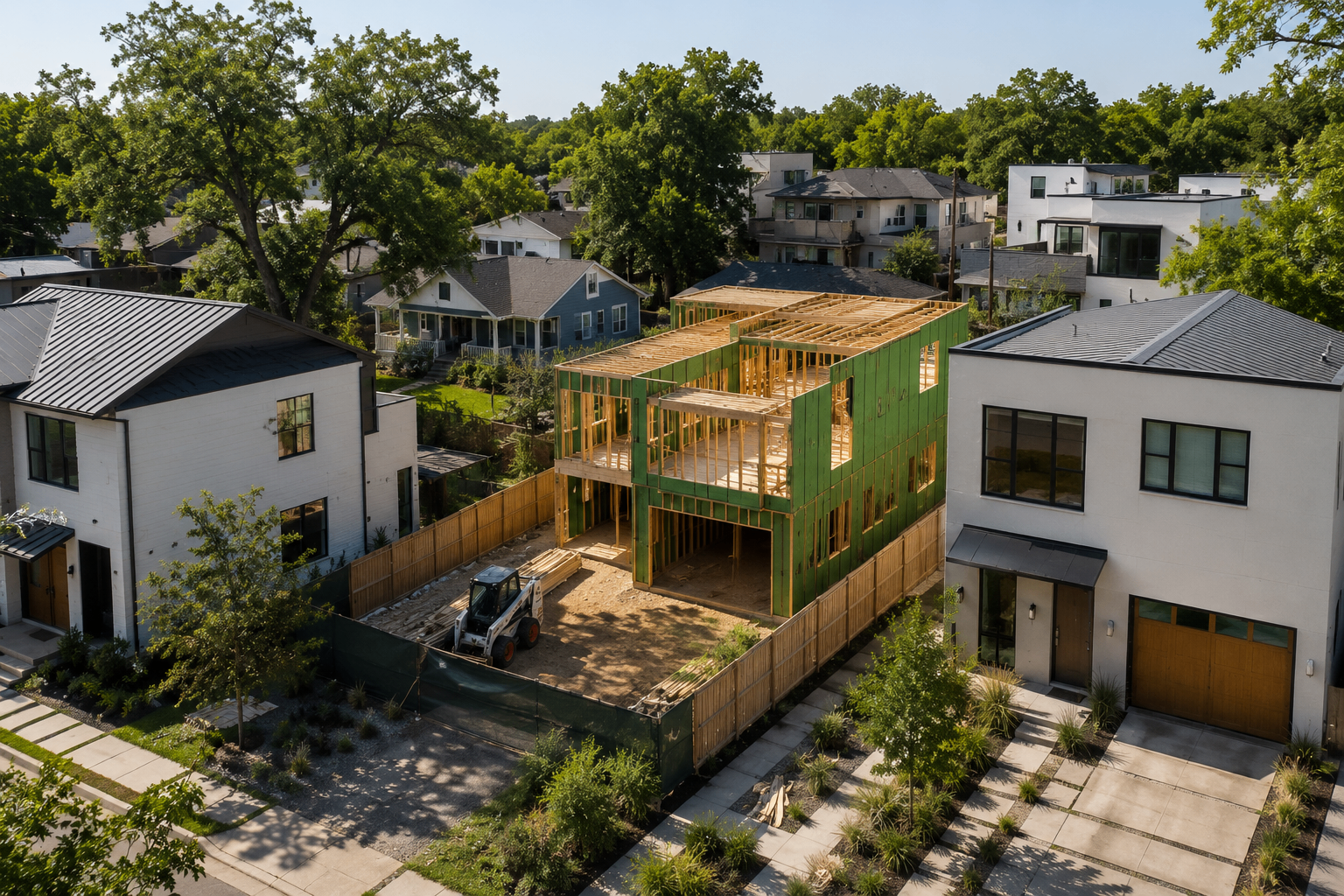Austin Infill Development: What It Is, Why It's Accelerating, and What It Means for Property Owners Aerial view of an Austin infill development in progress, showing a new multi-story wood-framed home under construction on a small urban lot between two finished modern homes in an established central Austin neighborhood