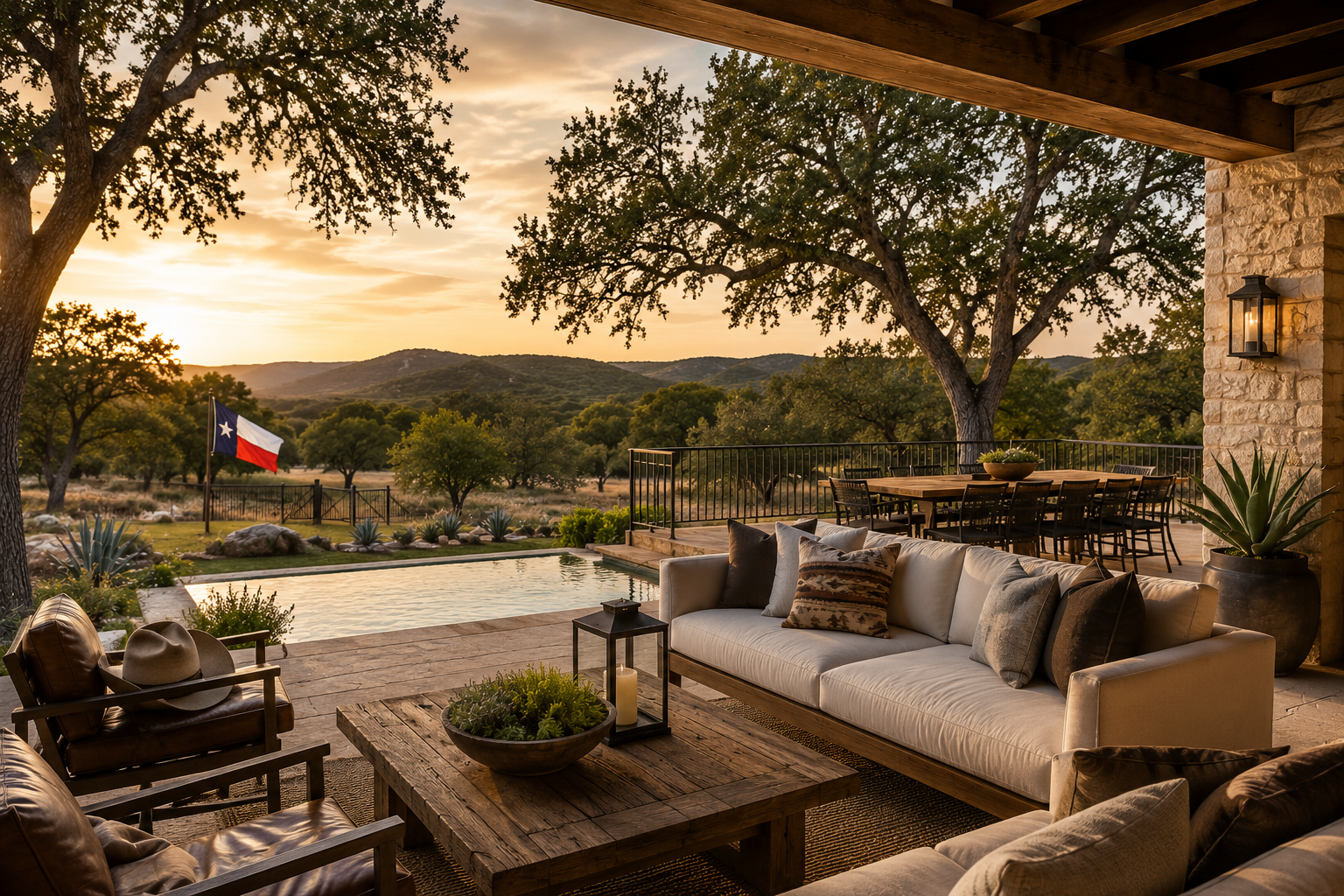 8 High Net Worth Home Buying Tips That Protect Your Capital and Your Privacy Hill Country luxury estate terrace at sunset with a Texas flag, illustrating the privacy and lifestyle priorities of high net worth Austin home buyers