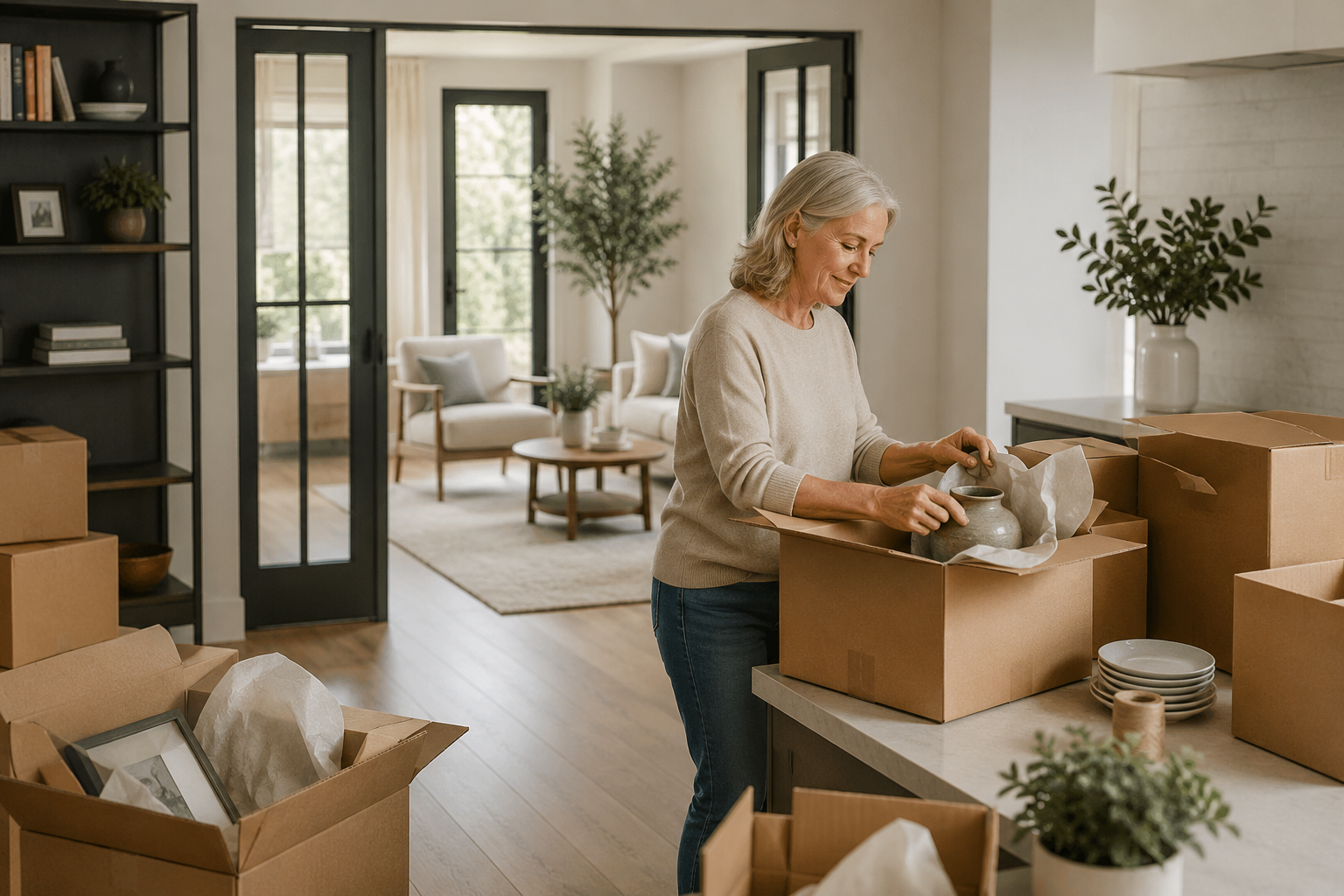 Downsizing from a Large Estate Home: A Step-by-Step Guide for Austin Homeowners Austin homeowner carefully wrapping a ceramic vase into a moving box in a light-filled estate interior, representing the thoughtful transition of downsizing from a large luxury home