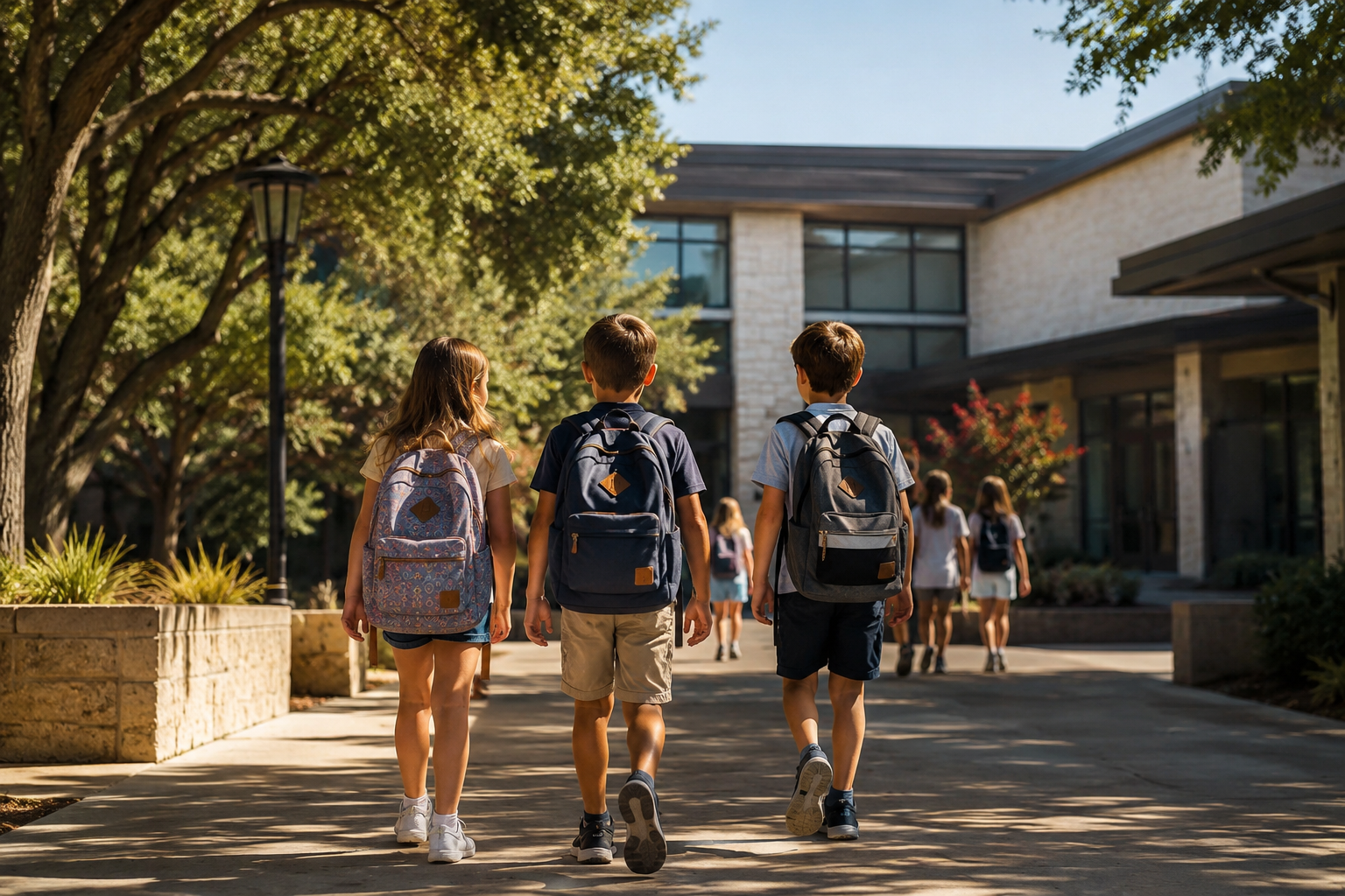 Austin ISD vs Eanes ISD: 7 Key Factors to Evaluate Before You Buy Students with backpacks walking toward a modern Austin-area school campus with limestone architecture and mature trees, representing the daily reality behind Austin ISD vs Eanes ISD district decisions