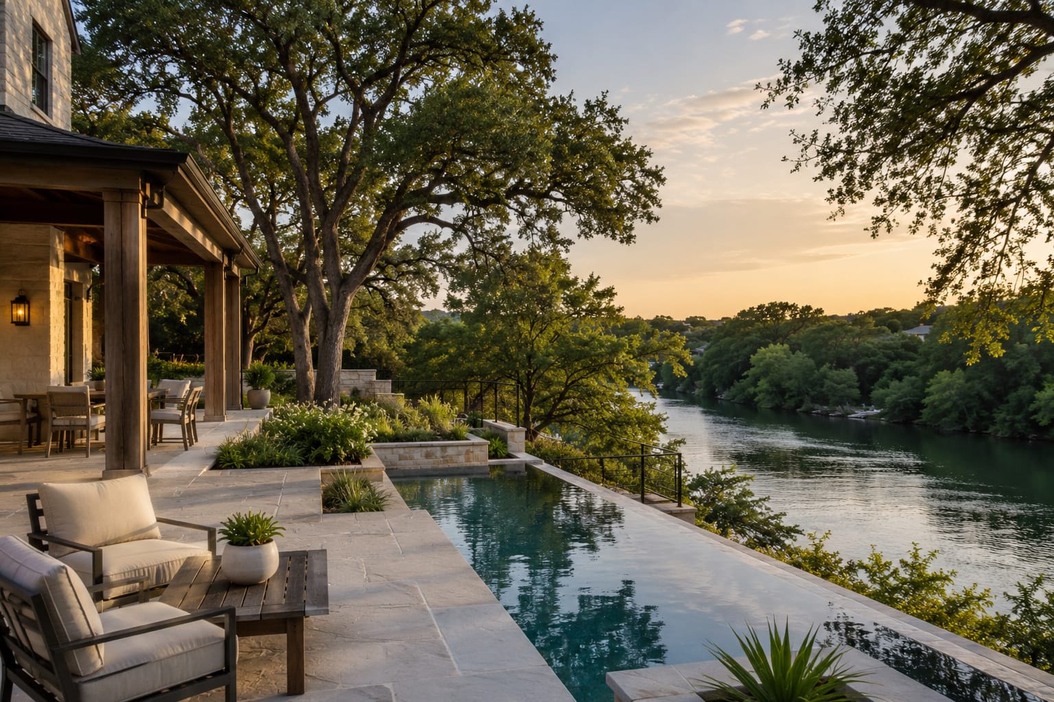 Exclusive Listing Access Difficulties: Why Luxury Buyers Miss Austin's Best Properties Lake Austin waterfront luxury home at sunset with an infinity pool overlooking the river