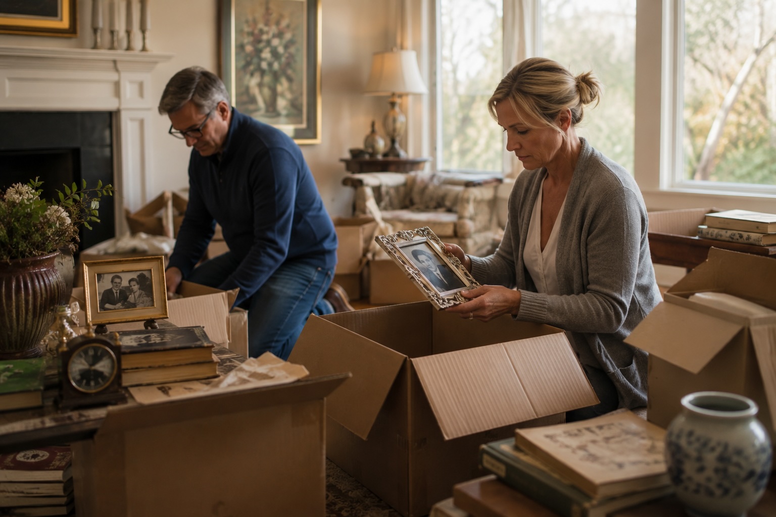 Adult children sorting family photographs and heirlooms into moving boxes while settling an inherited estate home