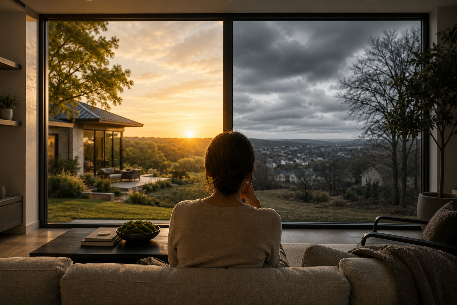 Austin homeowner looking out a floor-to-ceiling window at a Hill Country sunset on one side and a storm on the other