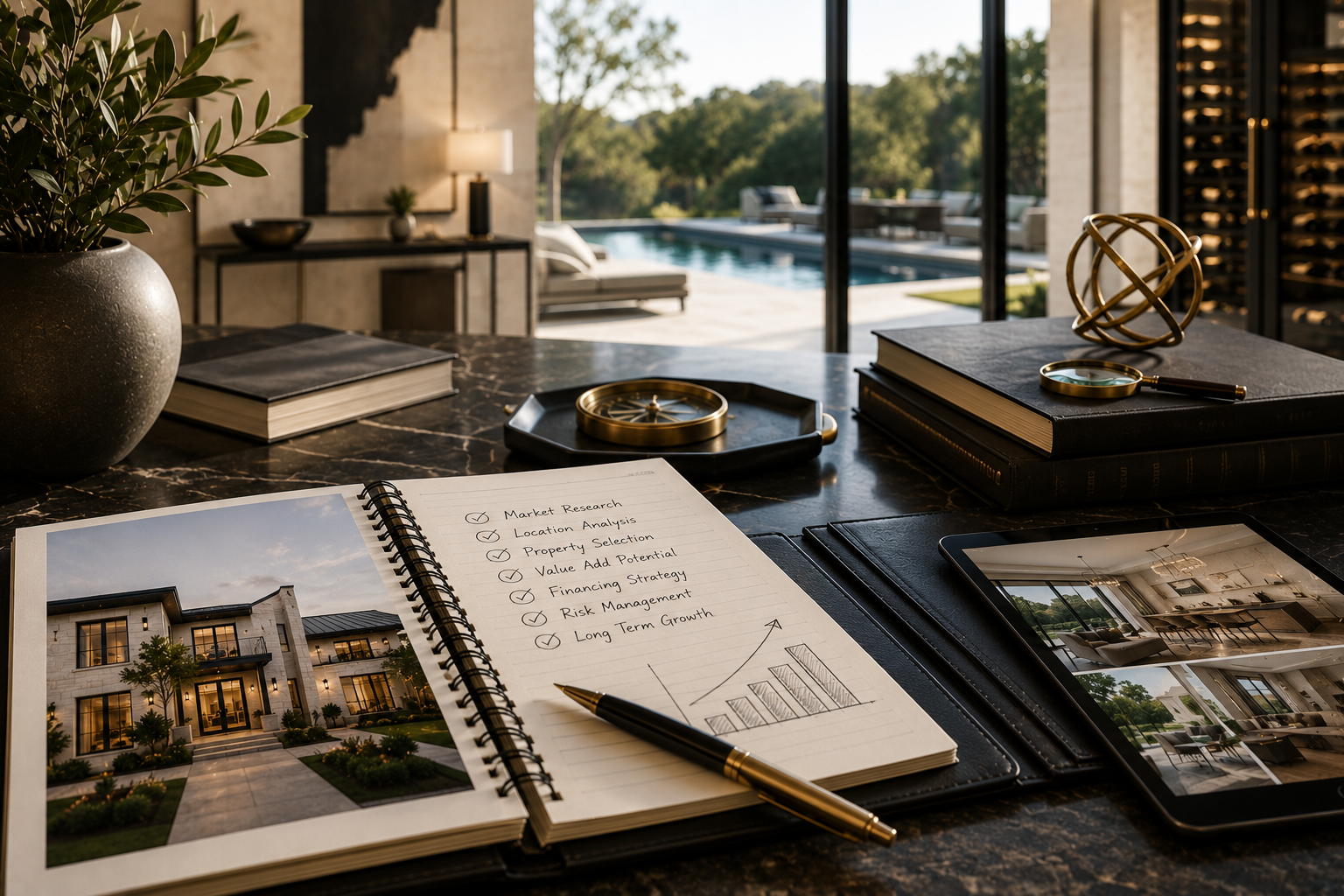 Investor's desk in an Austin luxury estate with portfolio strategy checklist, market research notes, and a Hill Country pool view through floor-to-ceiling windows