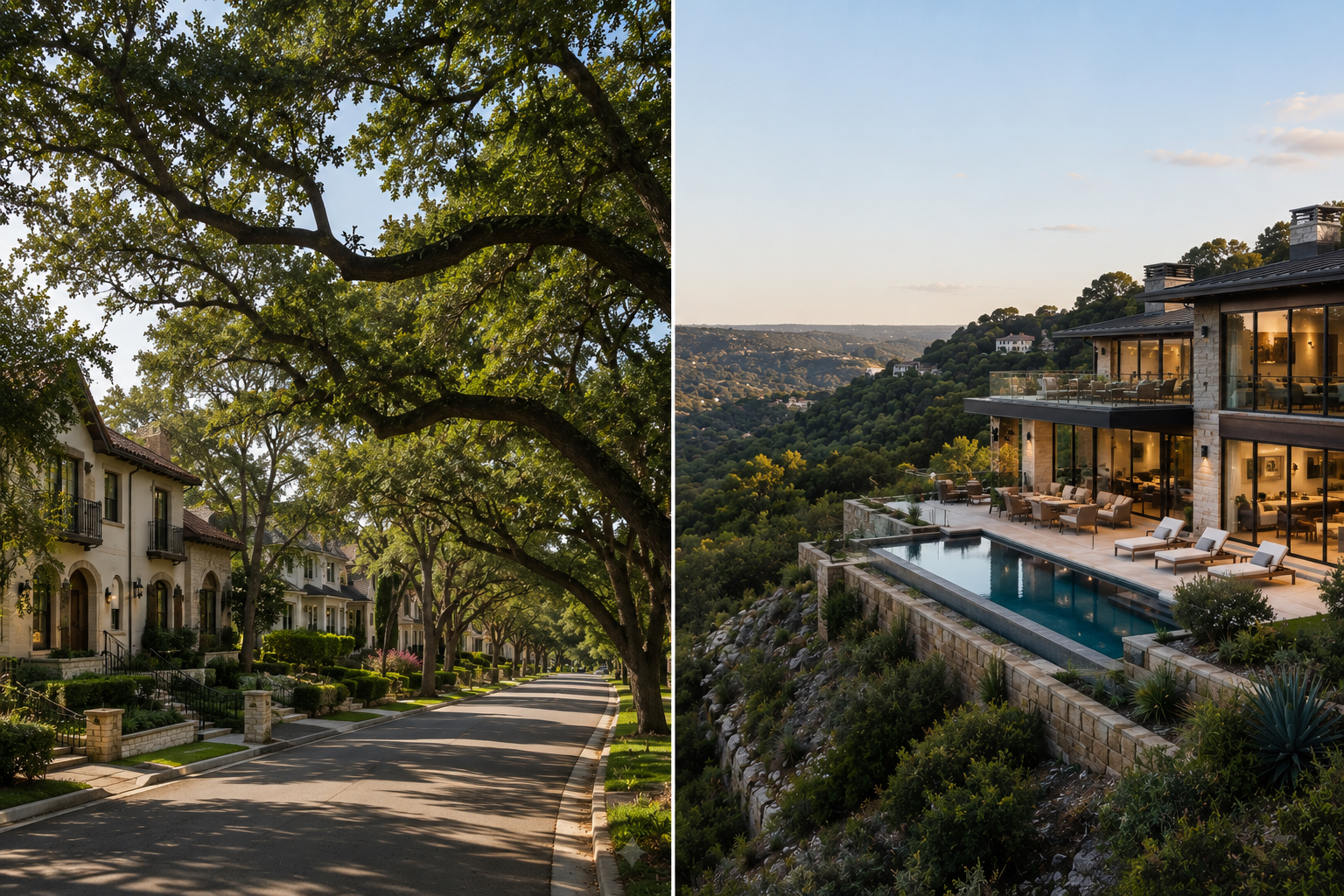 Tarrytown vs. Westlake: Which Austin Luxury Neighborhood Is Right for You in 2026? Side-by-side view of a tree-lined Tarrytown street in central Austin and a modern hill-country estate in Westlake at sunset