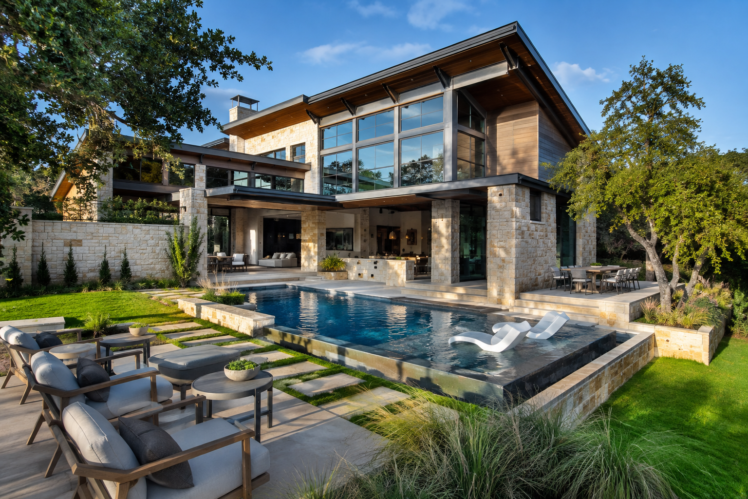 Luxury Home Not Selling in Austin? It's the Price, and Here's the Fix Modern Austin luxury home at golden hour with stone facade, walls of glass, negative-edge pool, and oak-shaded lawn