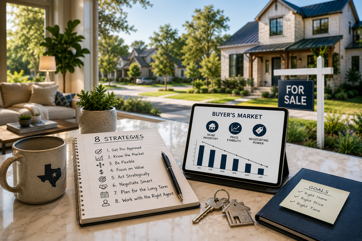 8 Strategies to Buy a Home in Austin's Buyer's Market (Mid-2026 Edition) An Austin homebuyer's planning desk with an 8-strategy checklist notebook, tablet showing a buyer's market chart, Texas mug, and house keys, with a stone Hill Country home and For Sale sign in the background