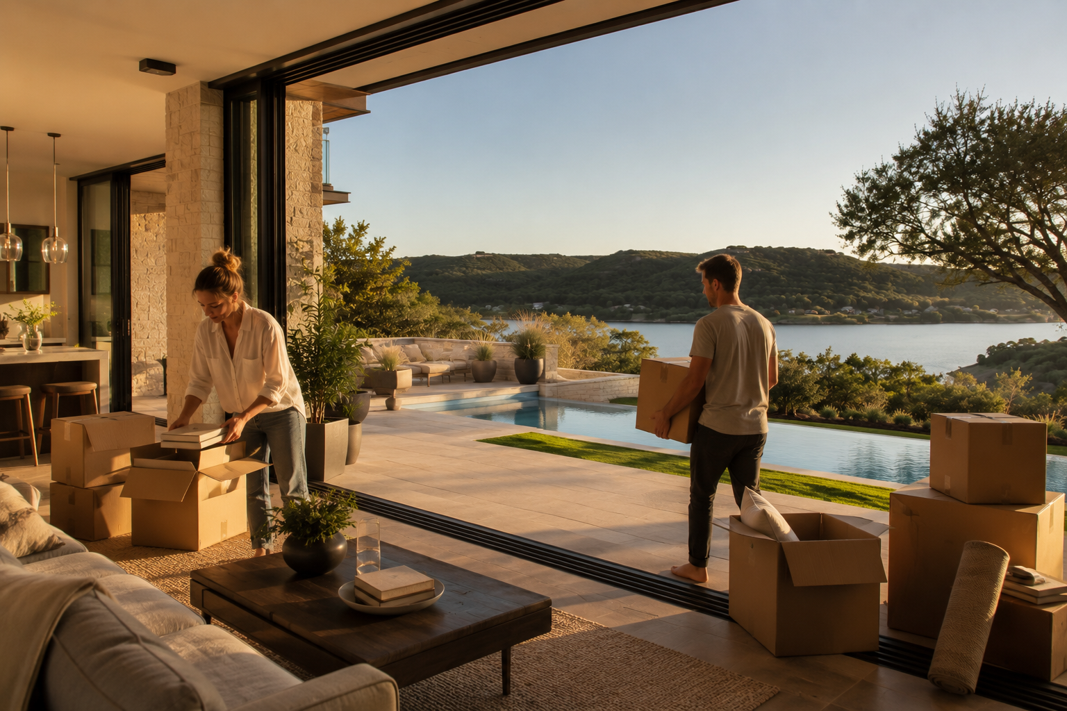 A couple unpacking moving boxes inside a modern Austin Hill Country home with floor-to-ceiling sliding doors open to a pool and Lake Austin views at golden hour