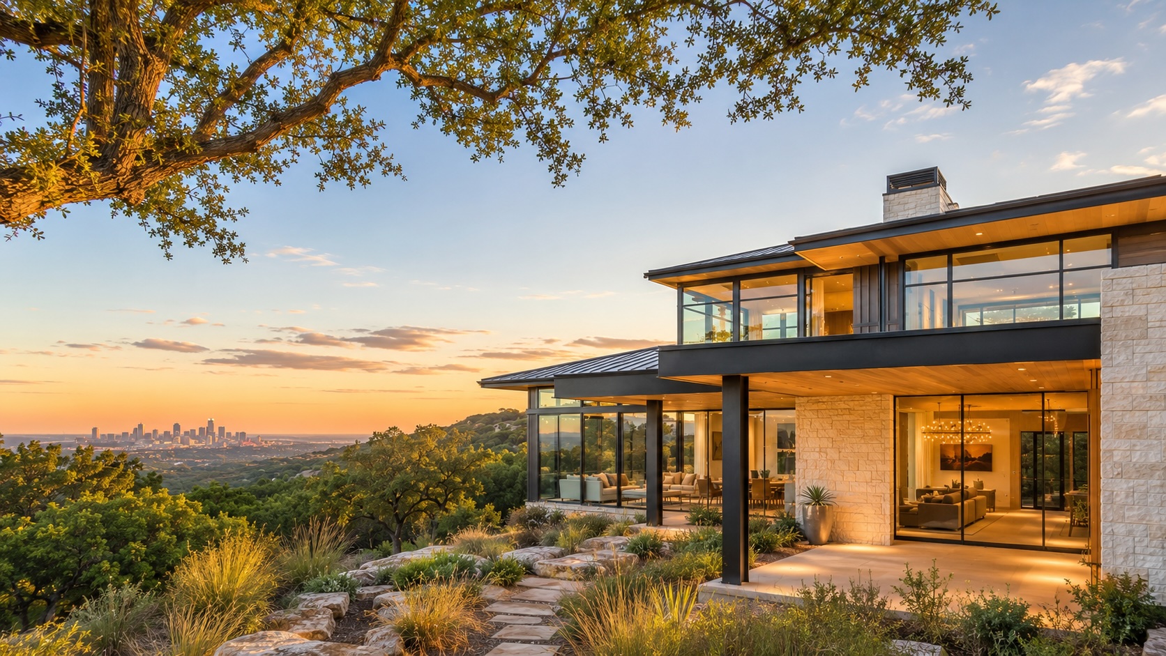 Capital Gains Tax When Selling a House in Texas: The 2026 Guide Luxury Austin home at dusk representing capital gains tax planning when selling a house in Texas