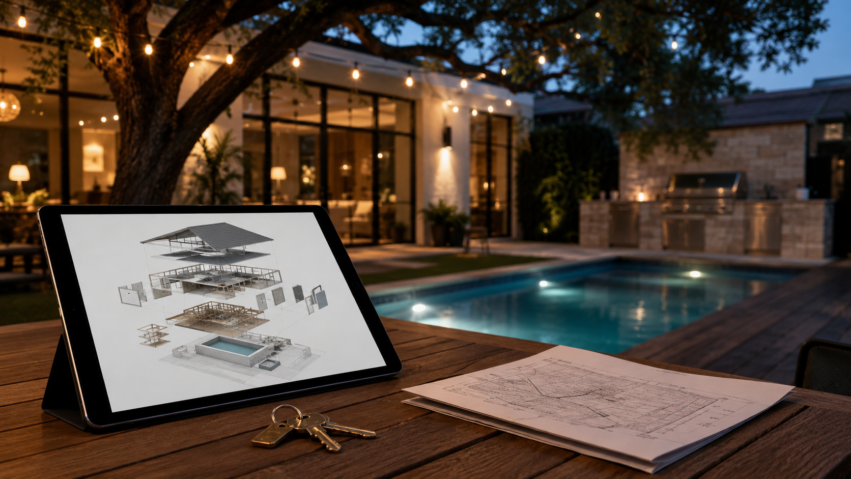 Pool and patio of a modern Austin bungalow at dusk, with a tablet showing an unbranded building component diagram on the outdoor table