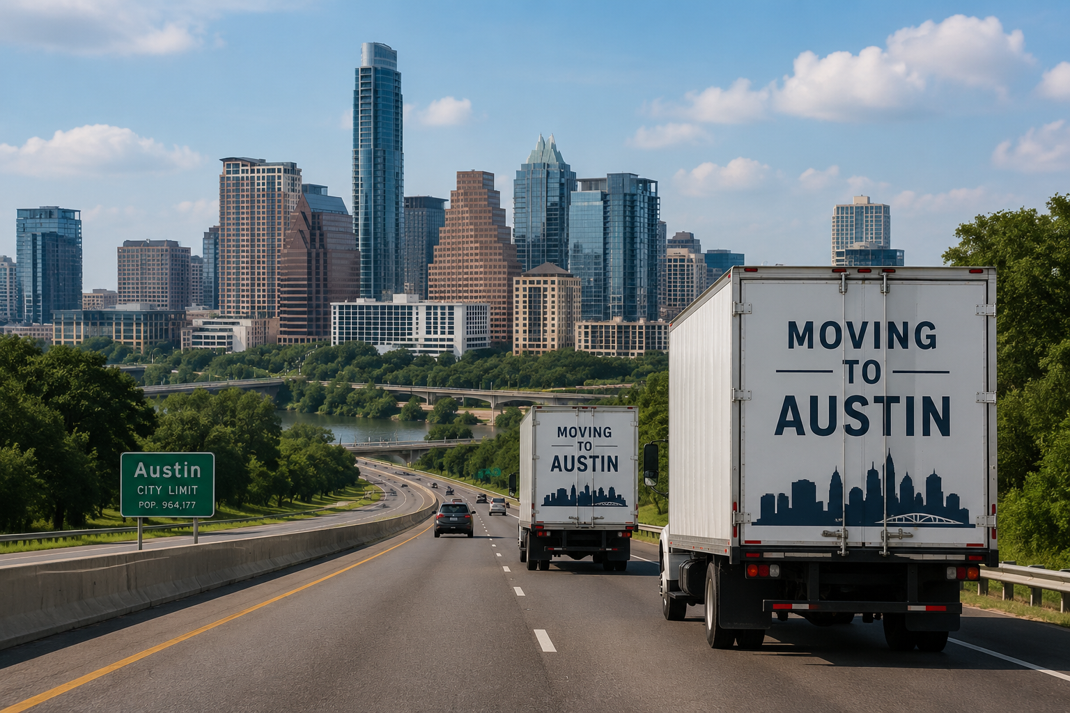 Austin Population Growth: What's Driving It and What It Means for Real Estate Moving trucks branded 'Moving to Austin' heading into the Austin downtown skyline past the Austin city limit sign, illustrating sustained in-migration to the metro