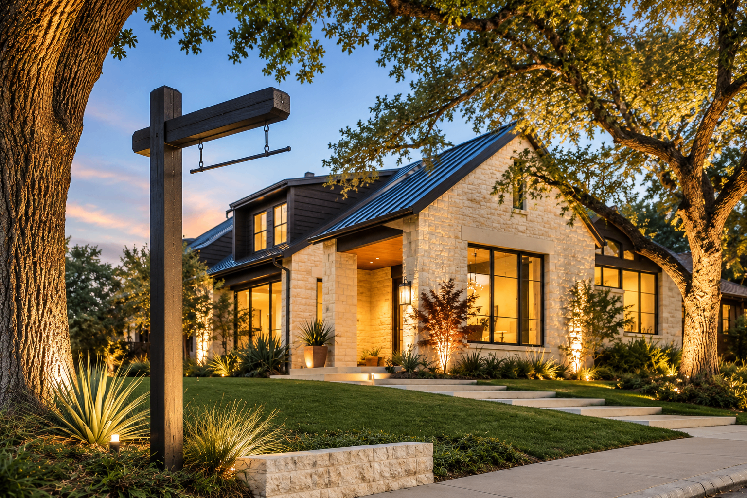 Why Your Austin Home Didn't Sell: What the Data Says and What to Do Next Austin luxury home at dusk with an empty for-sale post in the front yard
