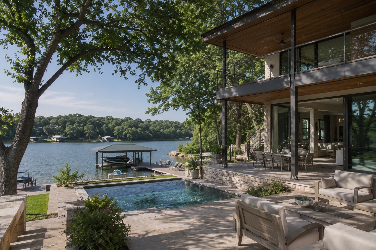 Living on Lake Austin: Why Austin's Most Exclusive Waterfront Costs What It Does Modern waterfront estate on Lake Austin at midday with pool, dock, and boat on calm water