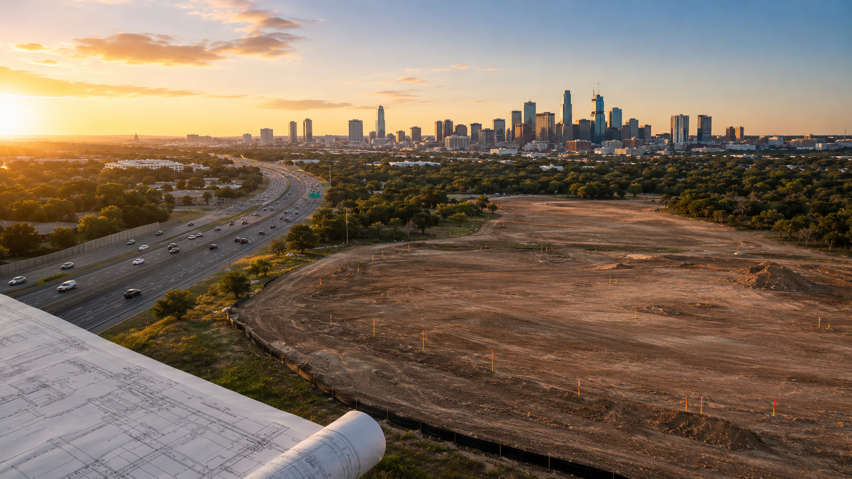 How to Navigate Commercial Land Development in Austin: A Step-by-Step Guide (2026) Aerial view of a cleared Austin development site at sunset with the downtown skyline in the distance and site plans in the foreground