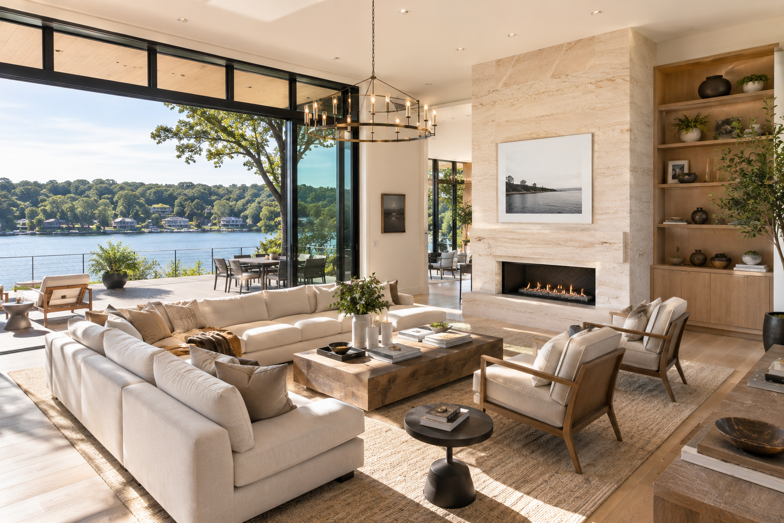 Lake Austin waterfront great room with floor-to-ceiling glass, limestone fireplace, and panoramic water views