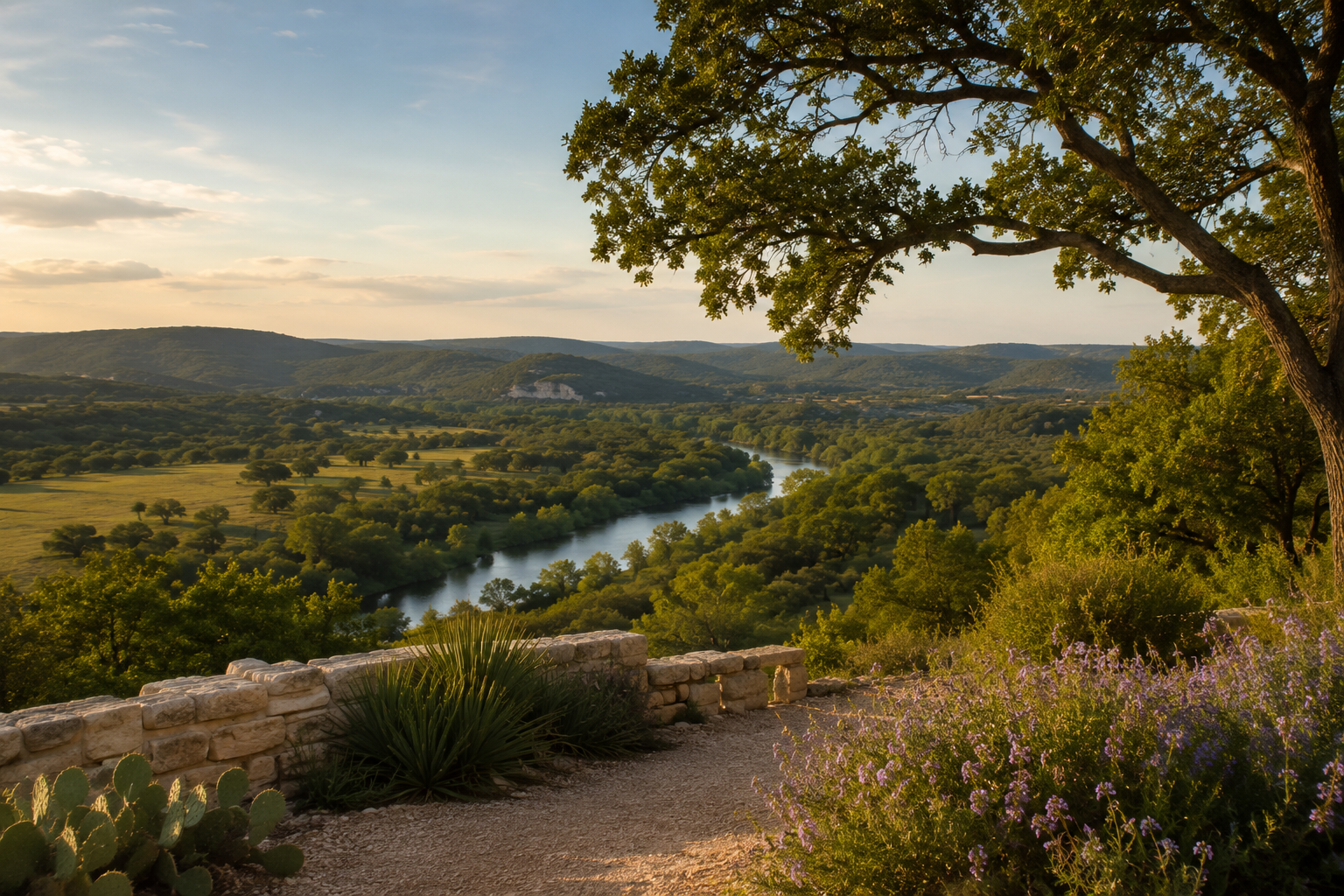 Texas Hill Country Ranch Market: What Buyers and Investors Need to Know Texas Hill Country ranch valley at golden hour with a spring-fed river, live oaks, and a ranch fence line