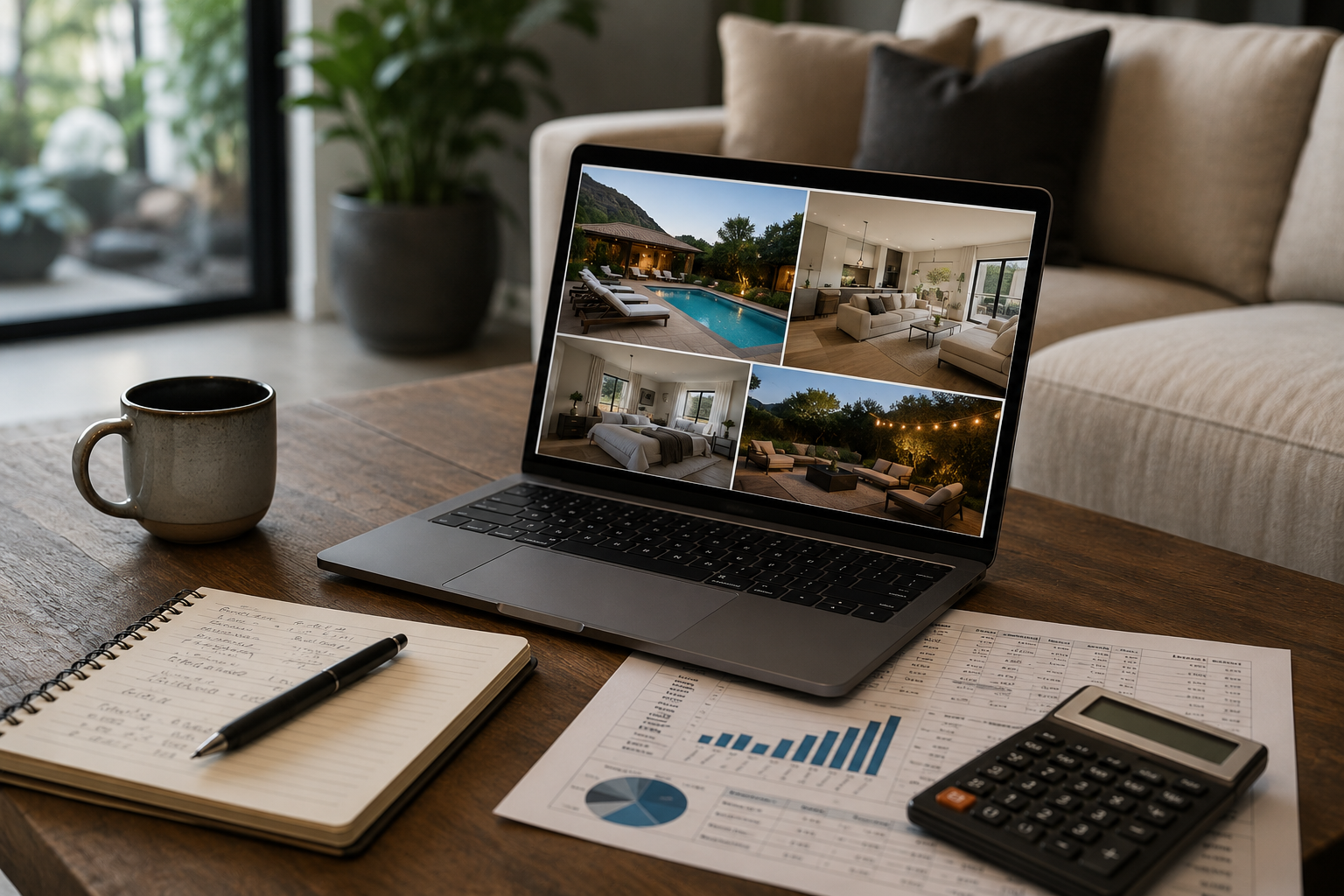 Austin Short-Term Rental Regulations: What Property Owners and Investors Need to Know Investor's home office desk with laptop showing Austin luxury short-term rental listings, a notebook, financial charts, and calculator, representing the due diligence required to evaluate Austin short-term rental regulations before acquiring a property