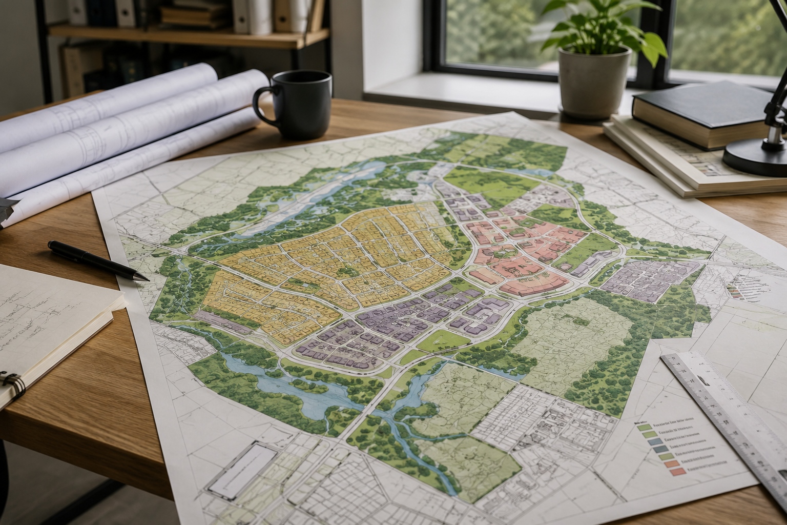 Austin Zoning Changes Explained: What Property Owners and Investors Need to Know Detailed urban planning map on an architect's desk showing color-coded zoning districts across an Austin neighborhood, with rolled blueprints and drafting tools