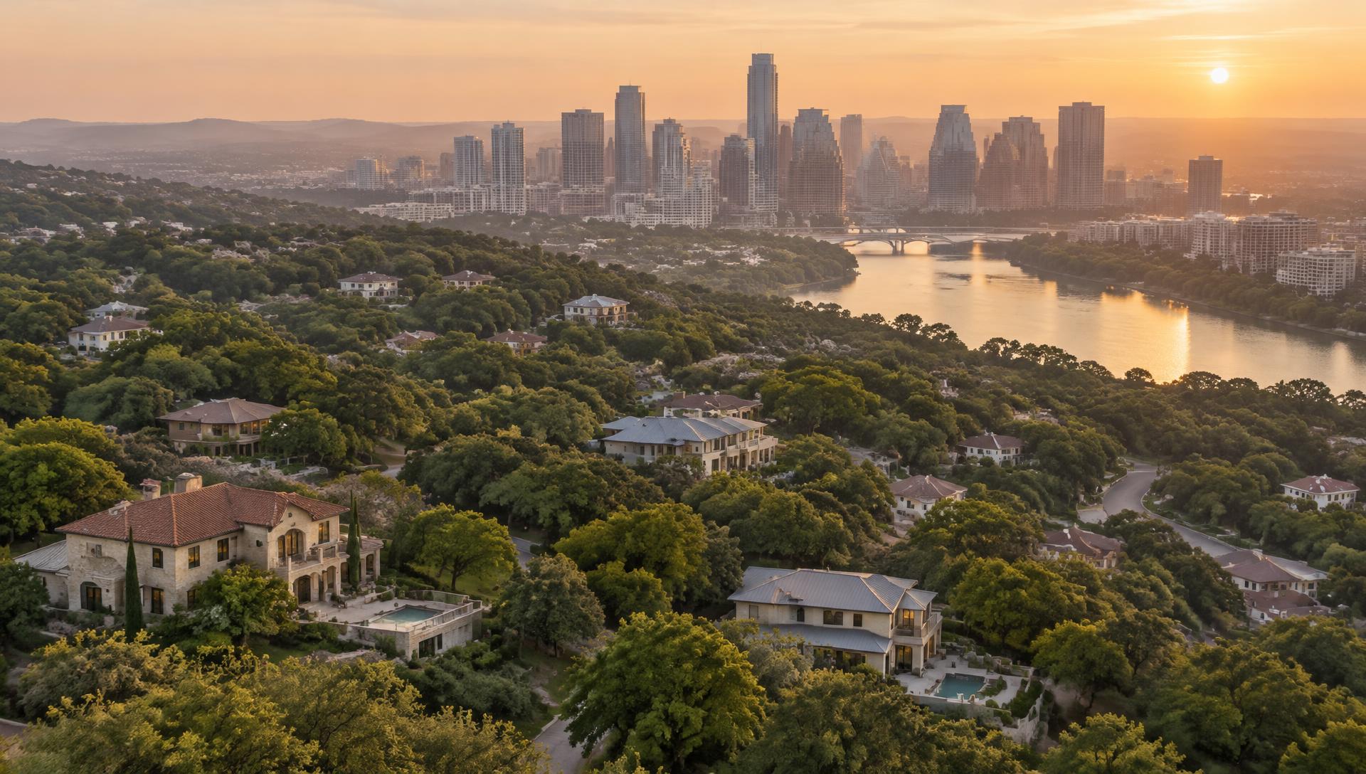 Austin Home Prices by ZIP Code (October 2026) Golden hour over the tree-covered hills of West Austin with Lady Bird Lake and the downtown skyline beyond