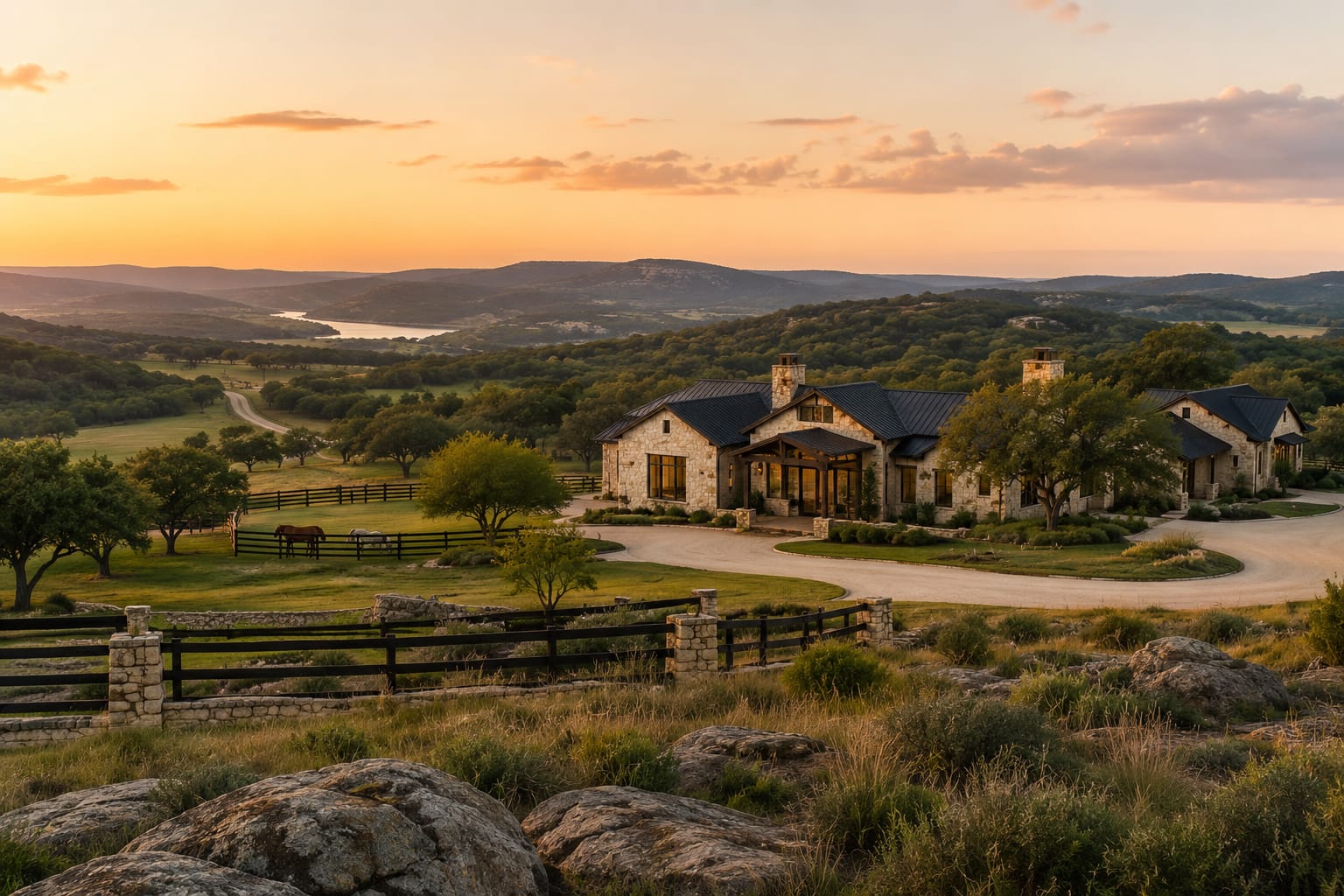 Texas Hill Country ranch with rolling pasture, oak trees, and long views