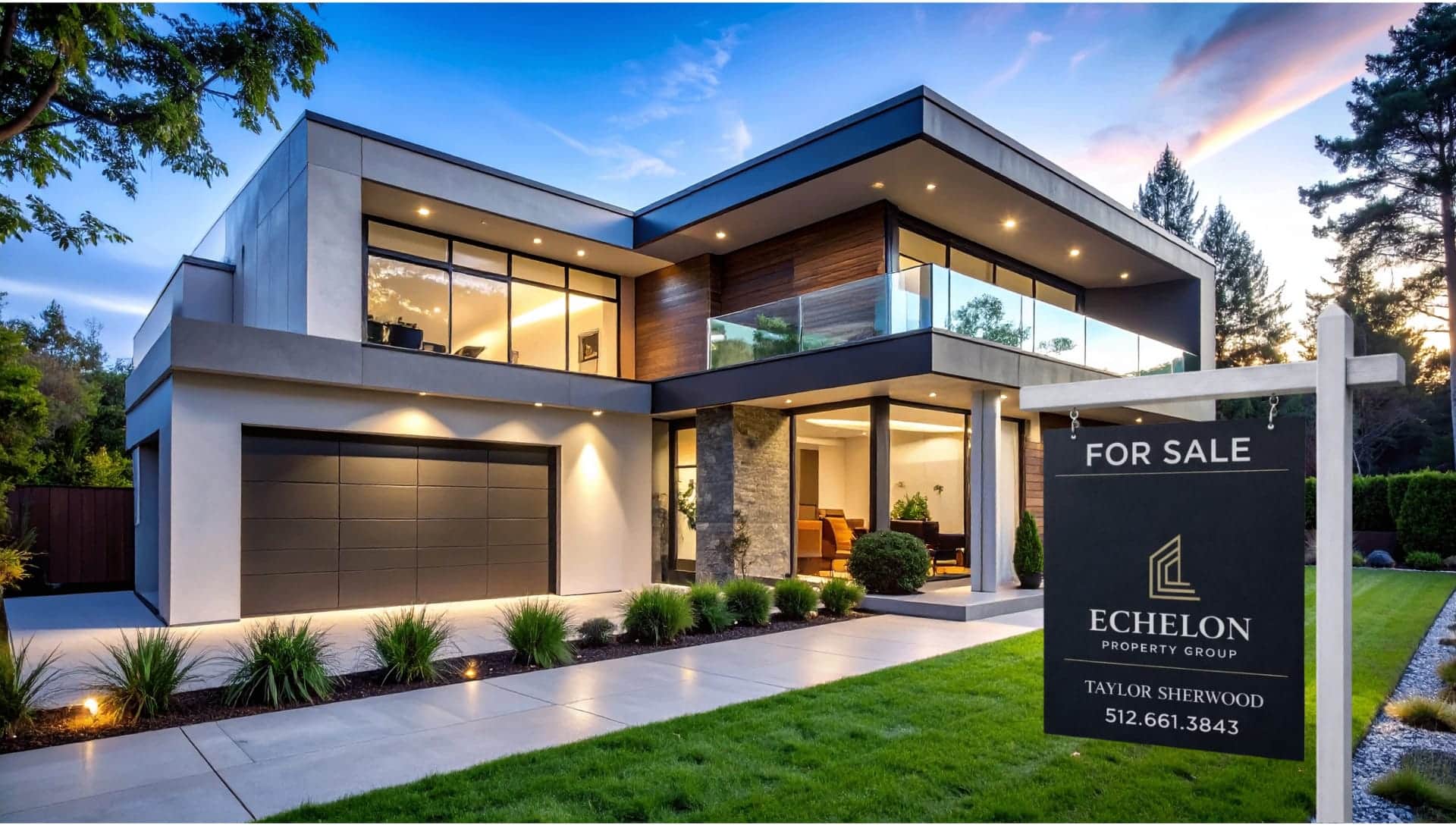Echelon Property Group, luxury listing marketing Echelon Property Group luxury listing sign in front of modern Austin home