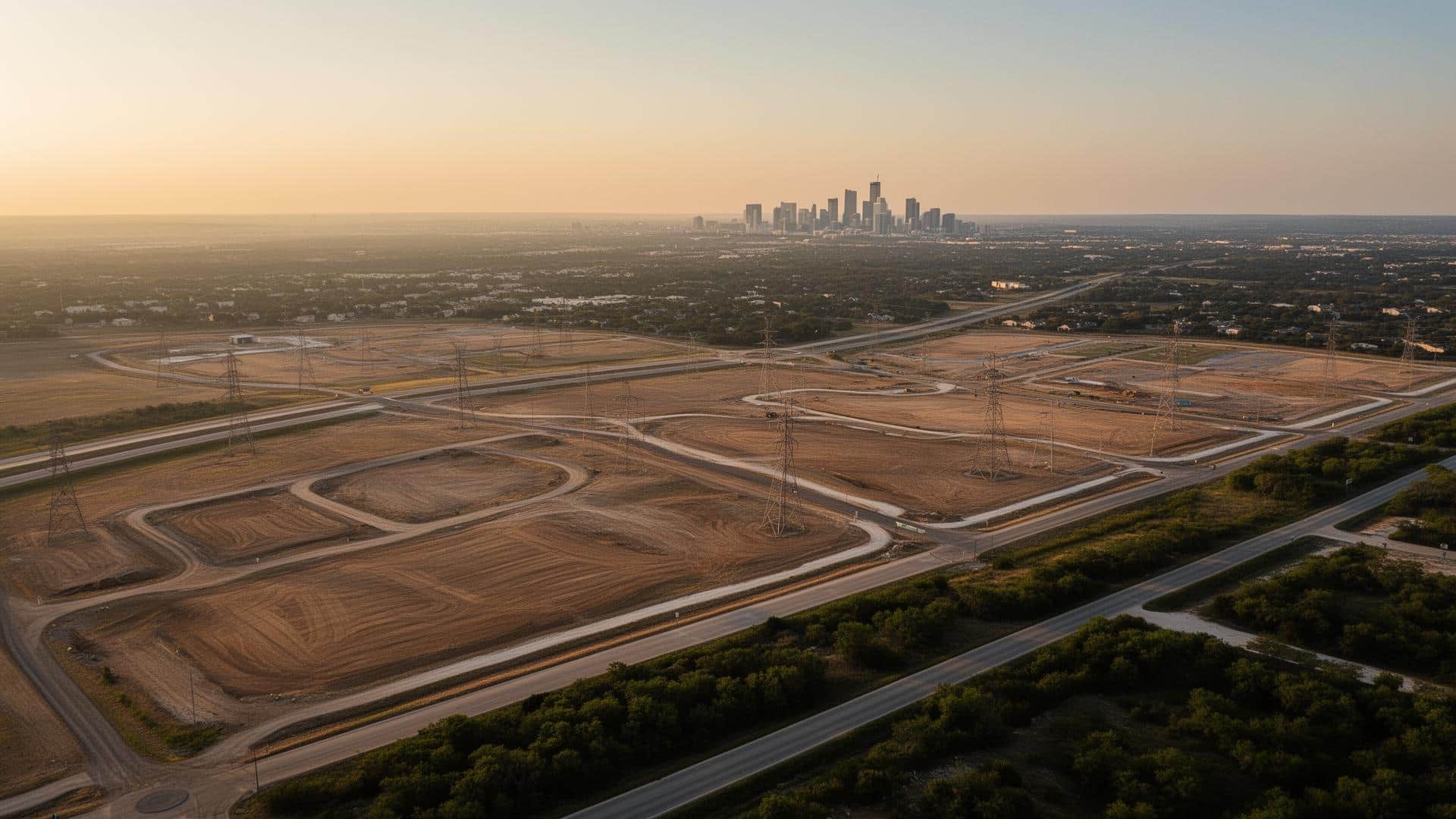 Aerial view of a Central Texas growth corridor with infrastructure and the Austin skyline in the distance