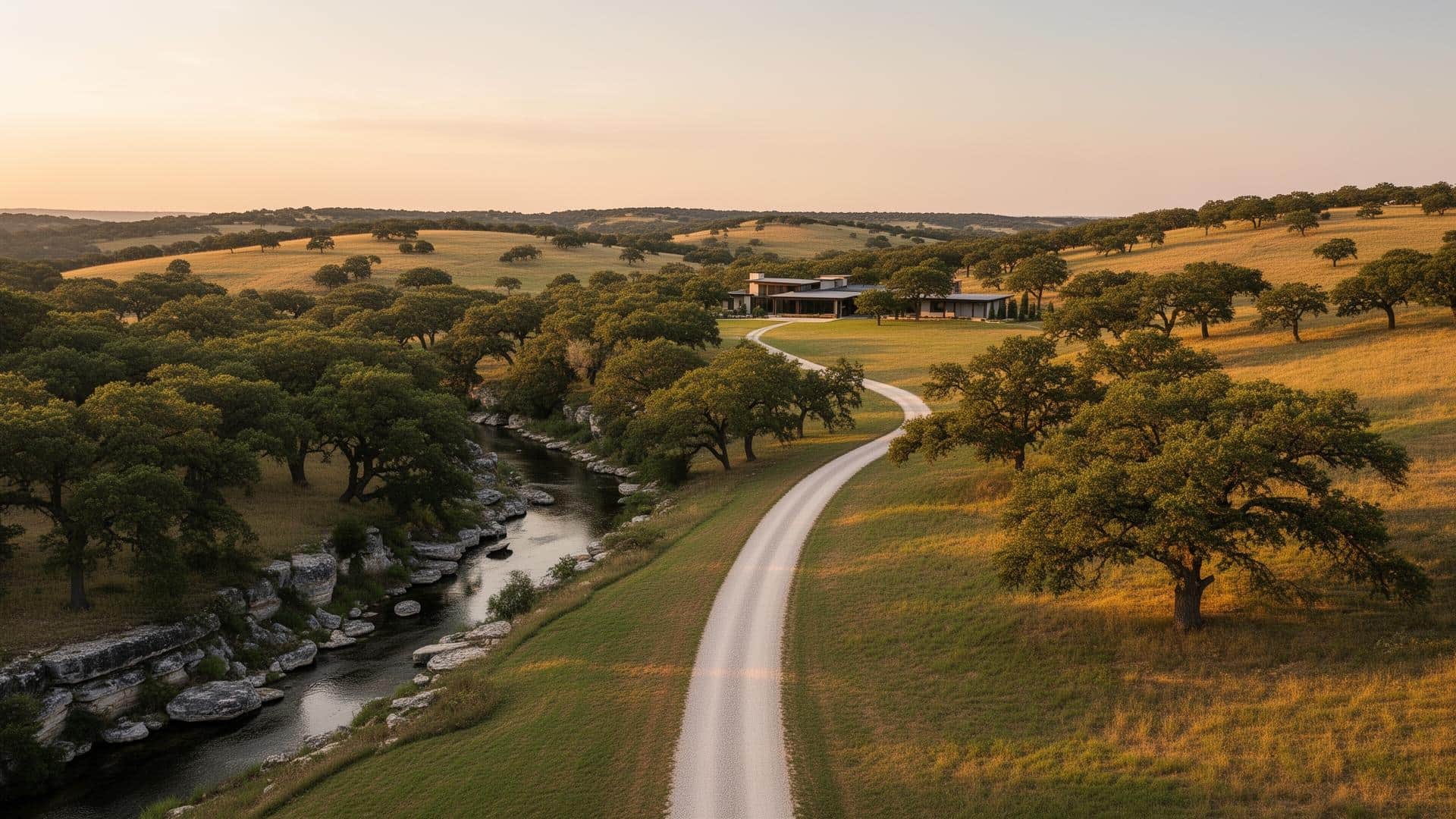 Texas Hill Country ranch land with rolling terrain, live oaks, a creek, and a private drive leading to a modern ranch home