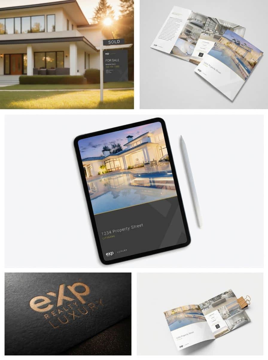 Luxury marketing collage featuring Robb Report, Wall Street Journal, Mansion Global, UPMKT, and eXp Luxury