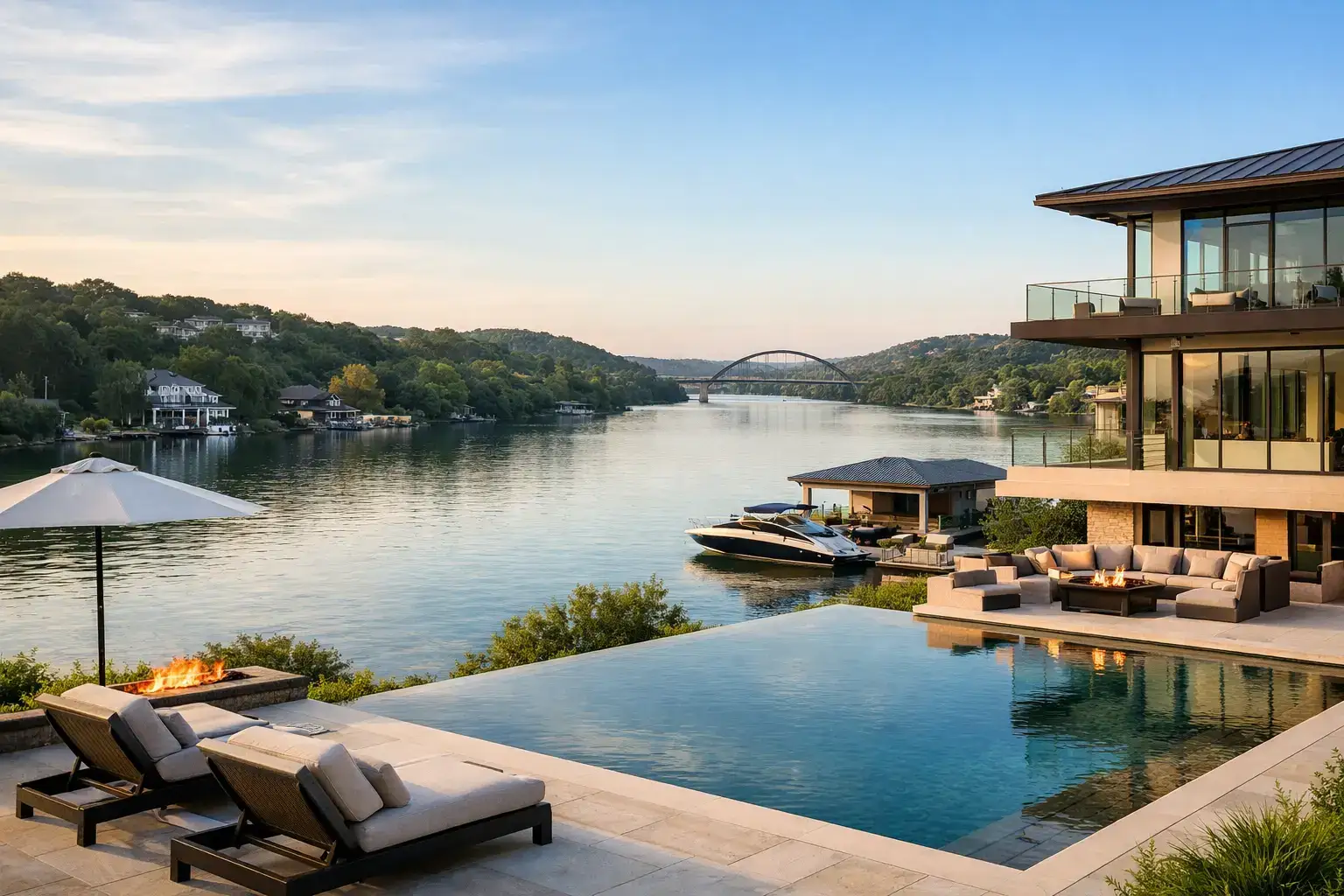 Lake Austin luxury waterfront estate at golden hour