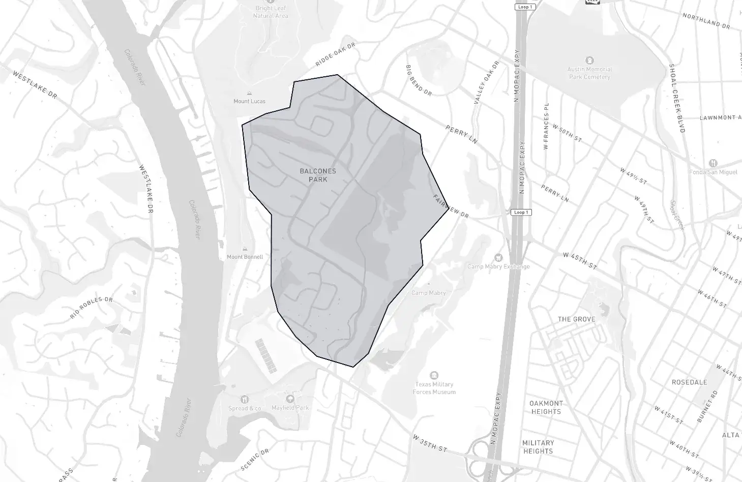 Balcones Park neighborhood boundary map showing the community borders in Austin, Texas