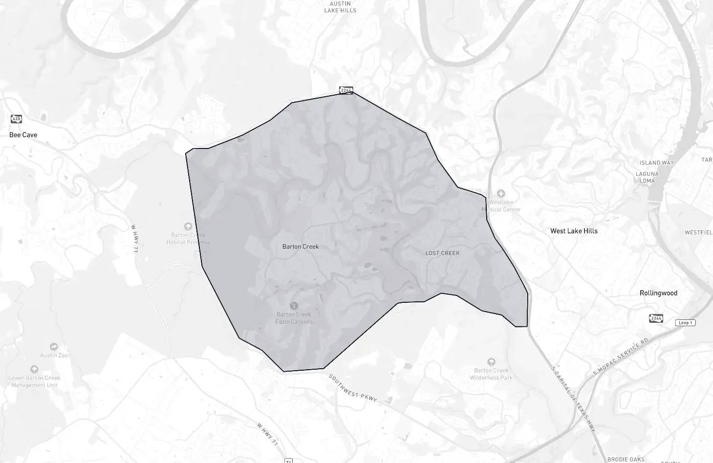 Barton Creek, Lost Creek & Amarra neighborhood boundary map showing the community borders in Austin, Texas
