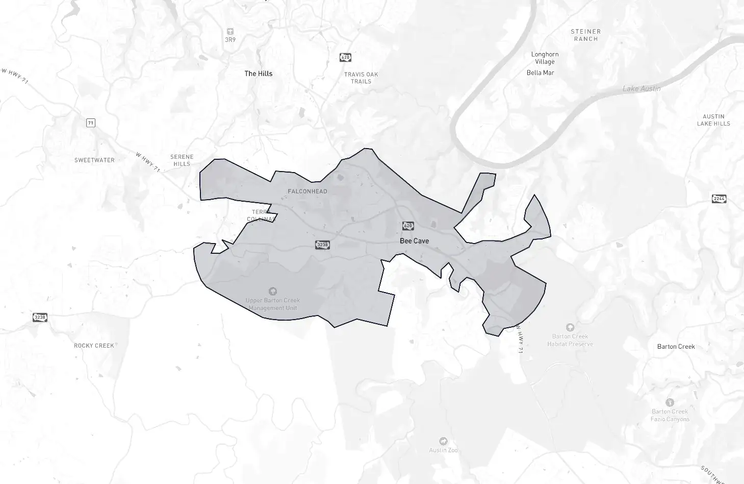 Bee Cave neighborhood boundary map showing the community borders in Austin, Texas