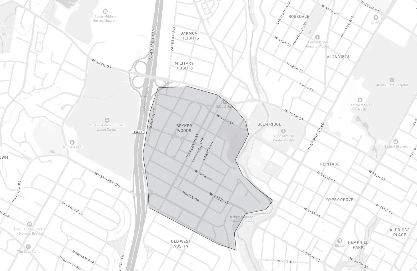 Bryker Woods neighborhood boundary map showing the community borders in Austin, Texas