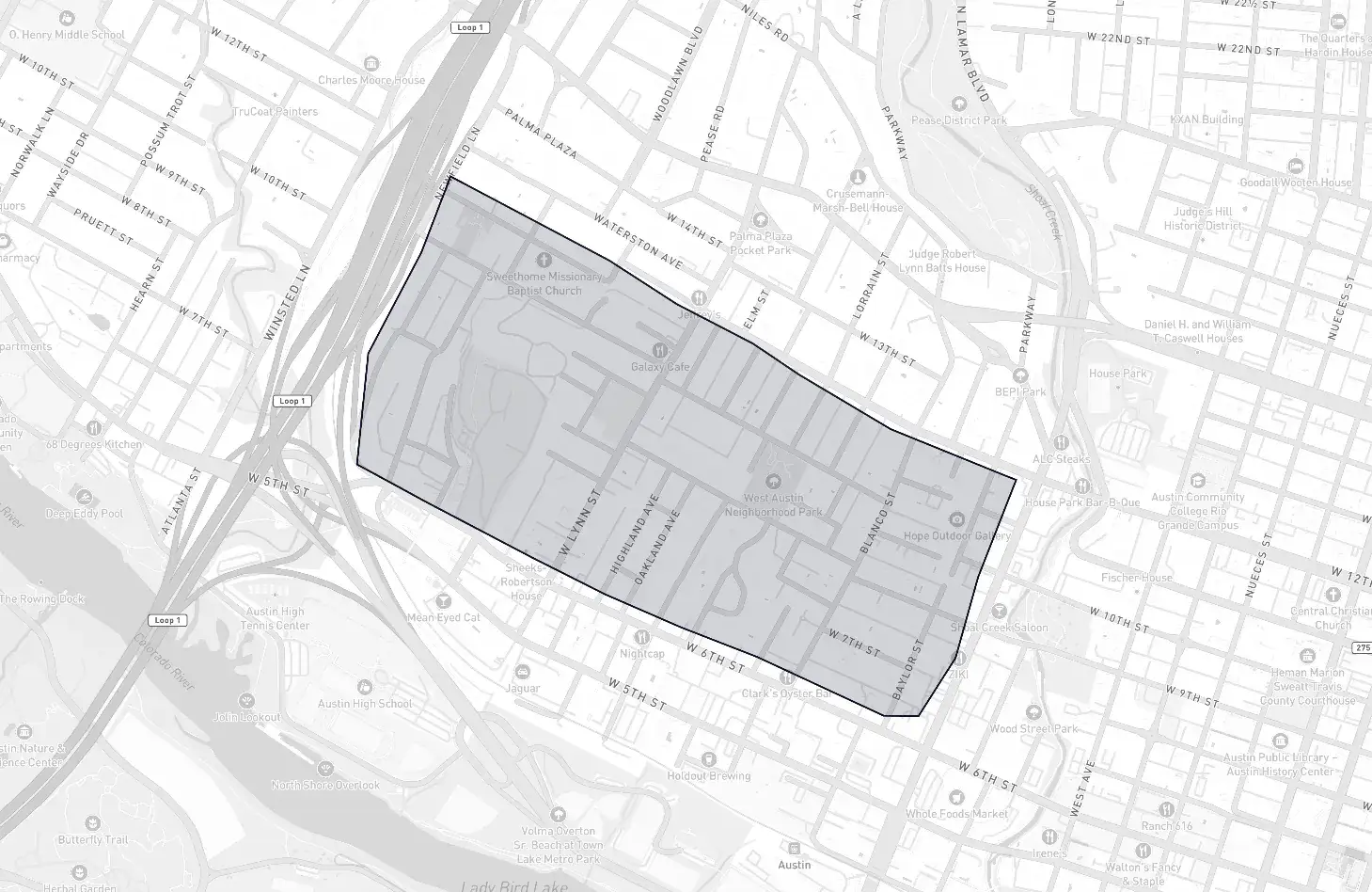 Clarksville neighborhood boundary map showing the community borders in Austin, Texas