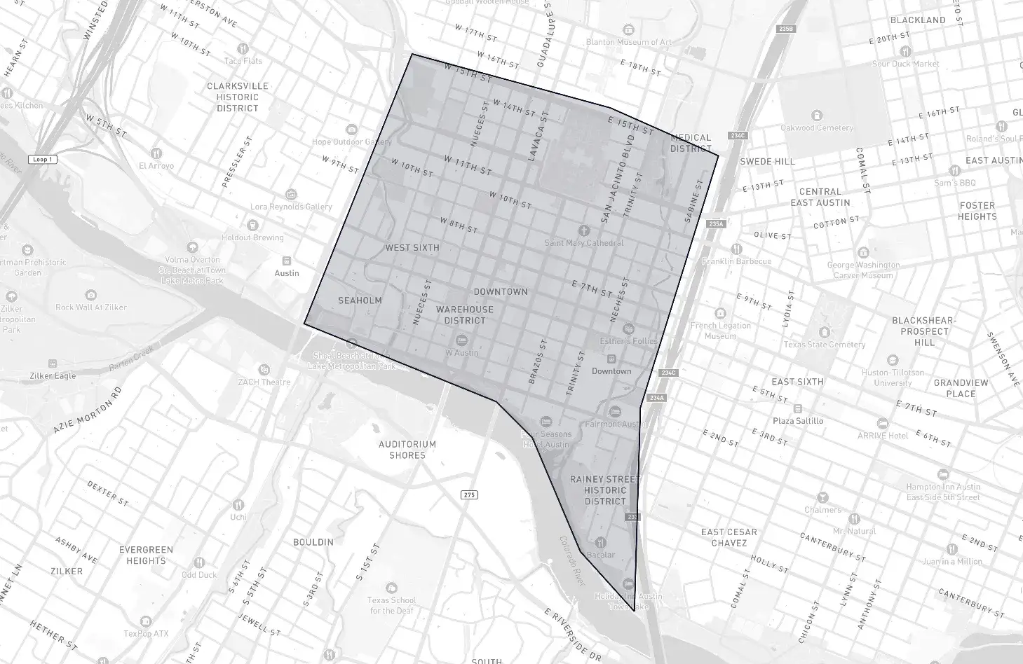 Downtown Austin neighborhood boundary map showing the community borders in Austin, Texas