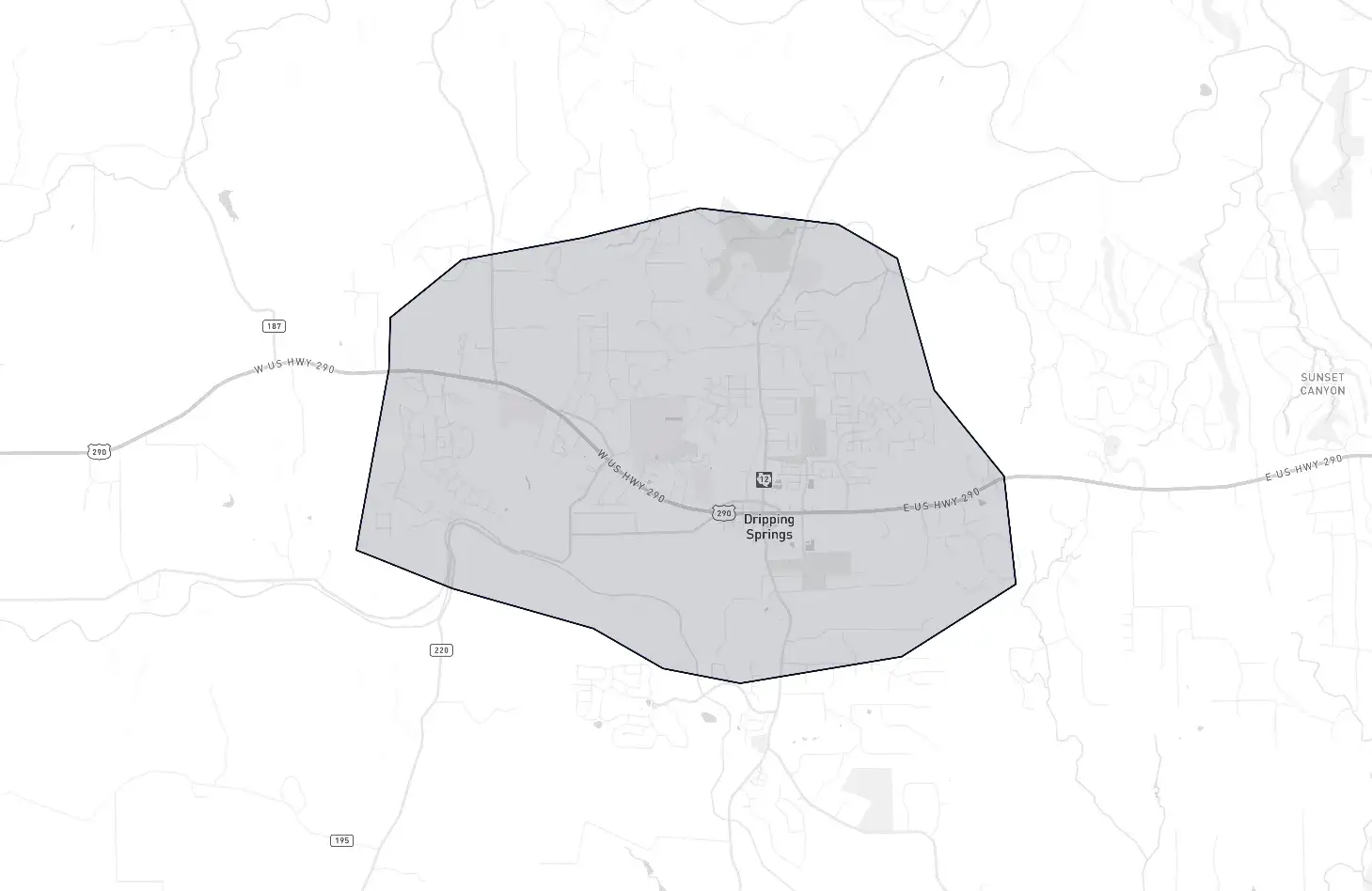 Dripping Springs neighborhood boundary map showing the community borders in Austin, Texas
