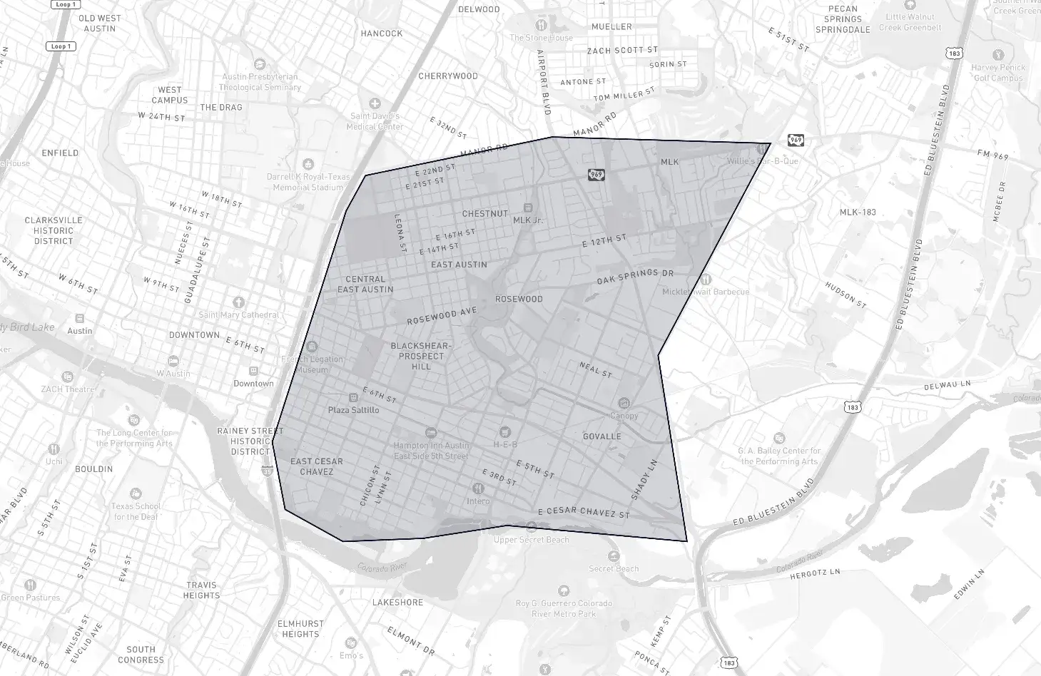 East Austin neighborhood boundary map showing the community borders in Austin, Texas