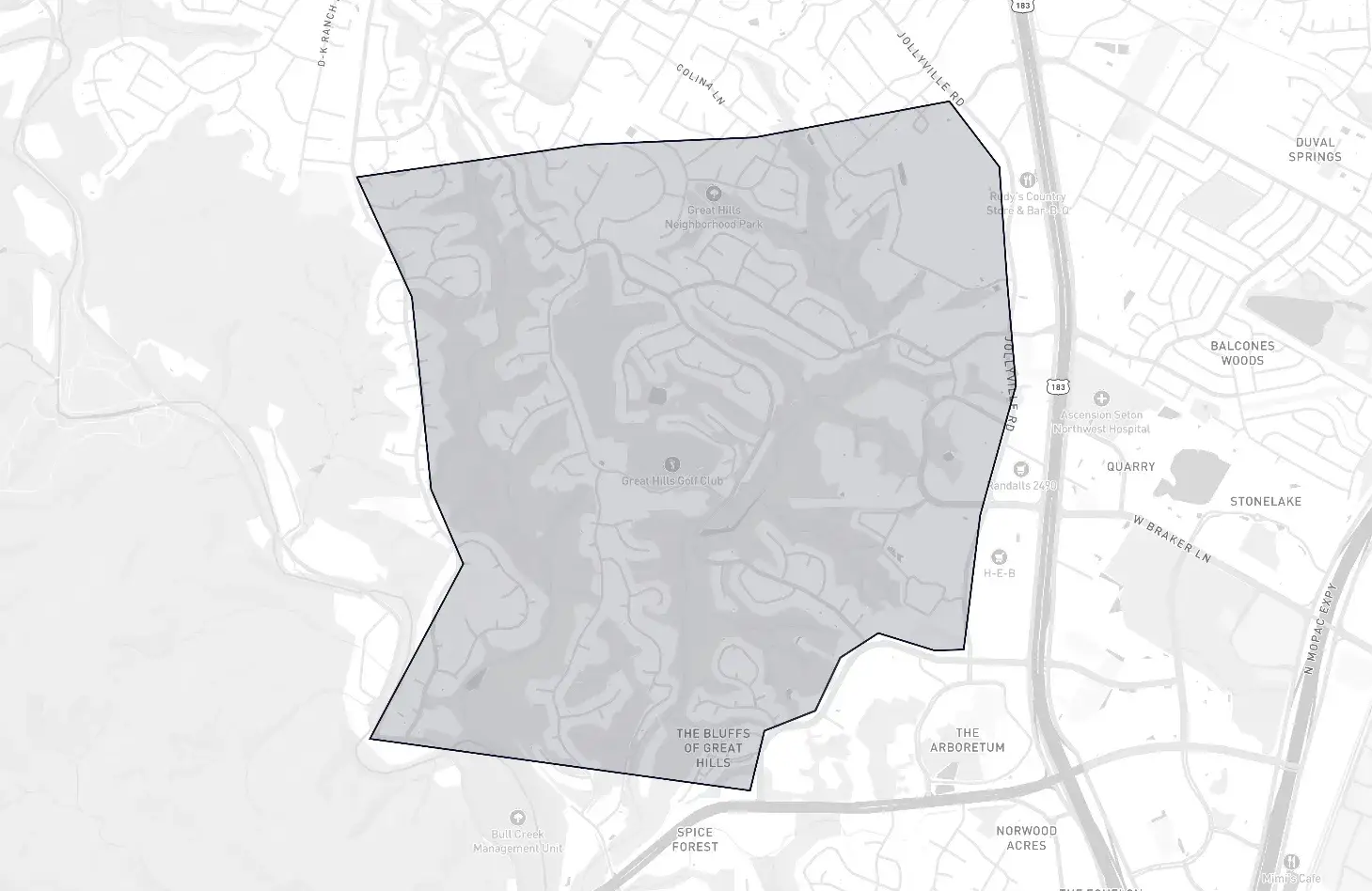 Great Hills neighborhood boundary map showing the community borders in Austin, Texas