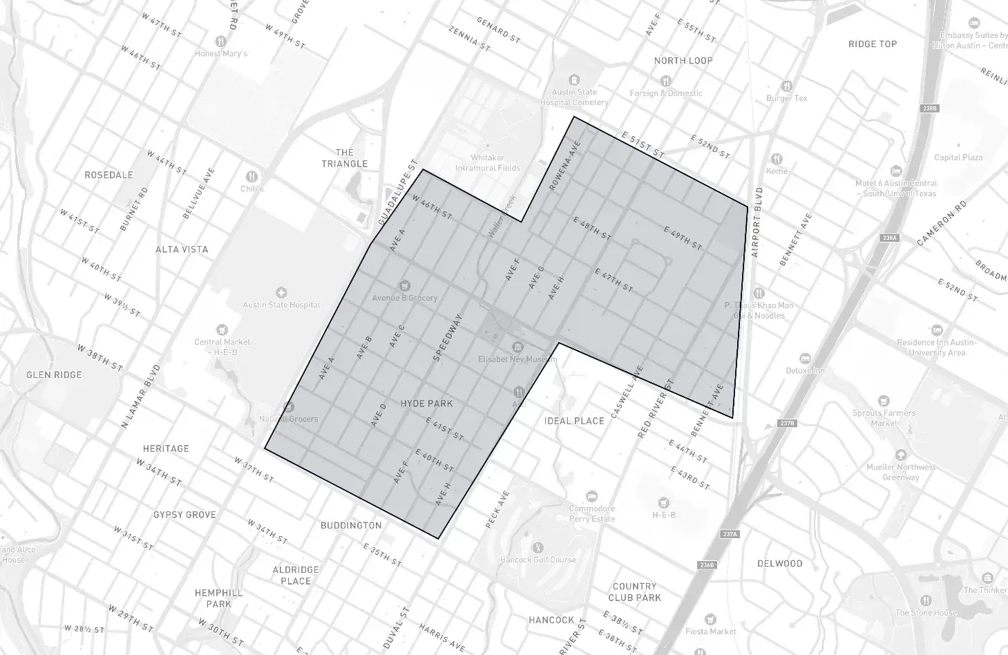 Hyde Park neighborhood boundary map showing the community borders in Austin, Texas