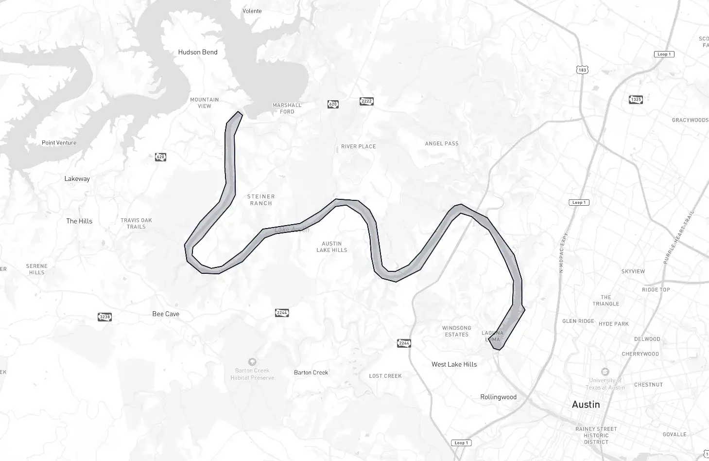 Lake Austin neighborhood boundary map showing the community borders in Austin, Texas