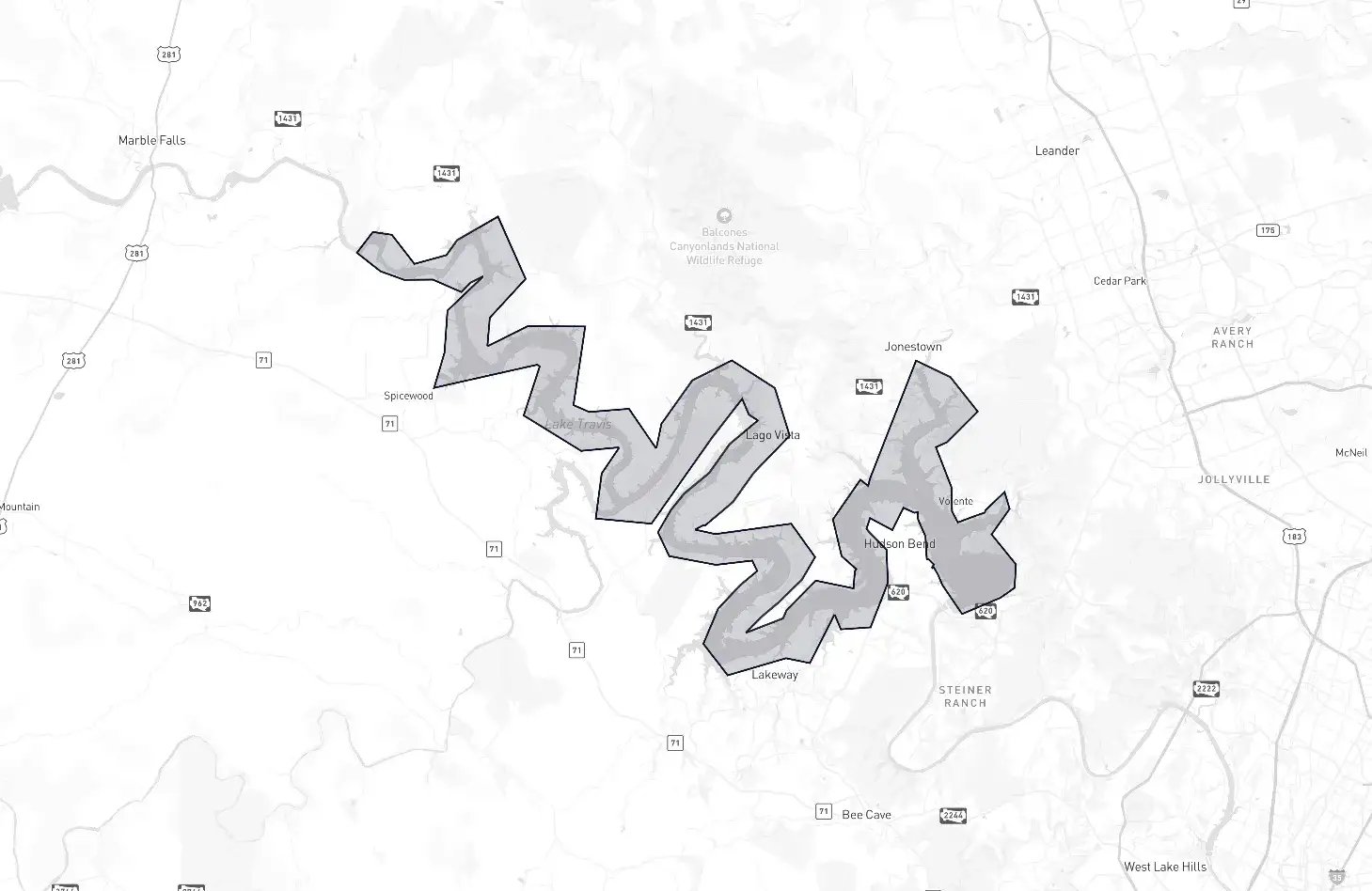 Lake Travis neighborhood boundary map showing the community borders in Austin, Texas