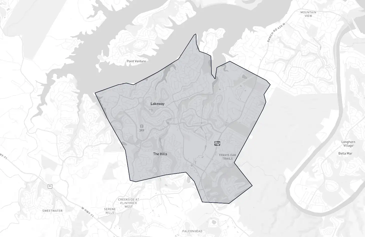Lakeway neighborhood boundary map showing the community borders in Austin, Texas