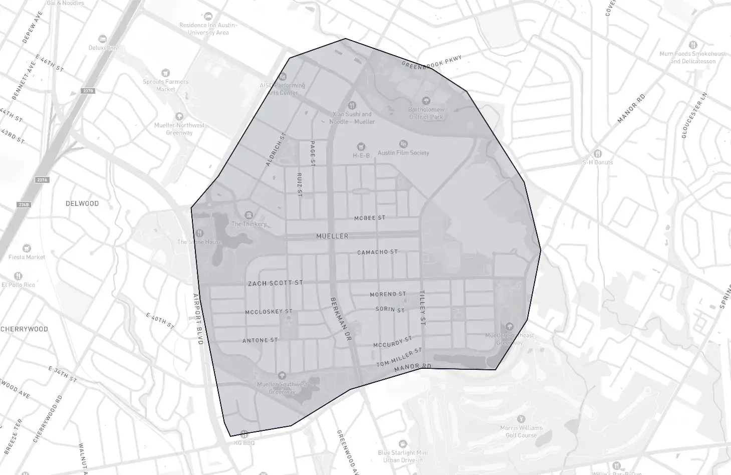 Mueller neighborhood boundary map showing the community borders in Austin, Texas