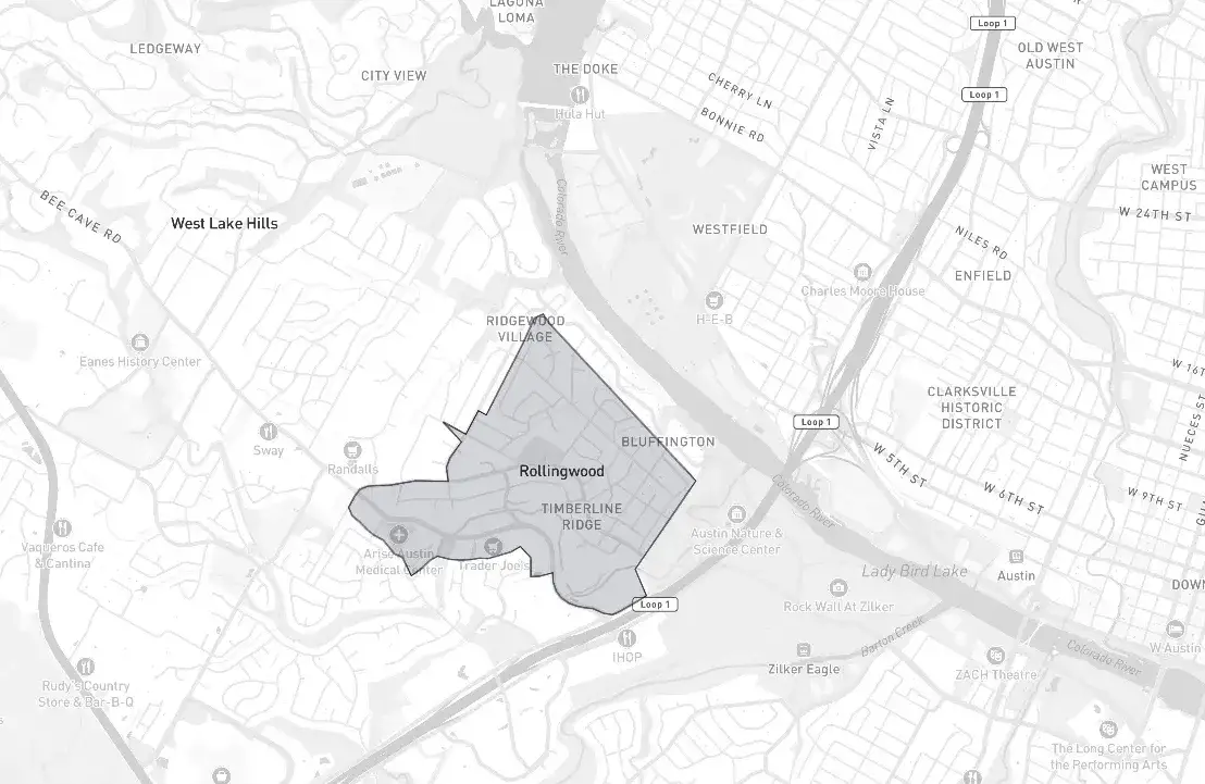 Rollingwood neighborhood boundary map showing the community borders in Austin, Texas