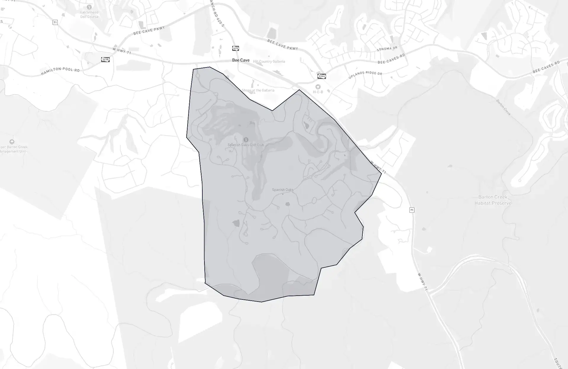 Spanish Oaks neighborhood boundary map showing the community borders in Austin, Texas