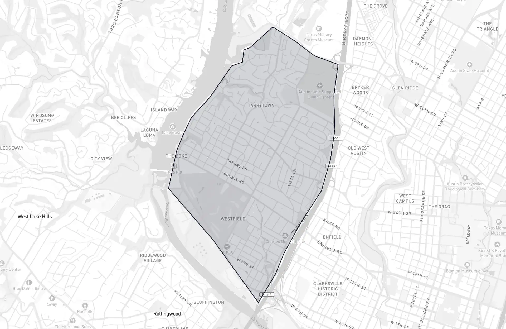 Tarrytown neighborhood boundary map showing the community borders in Austin, Texas
