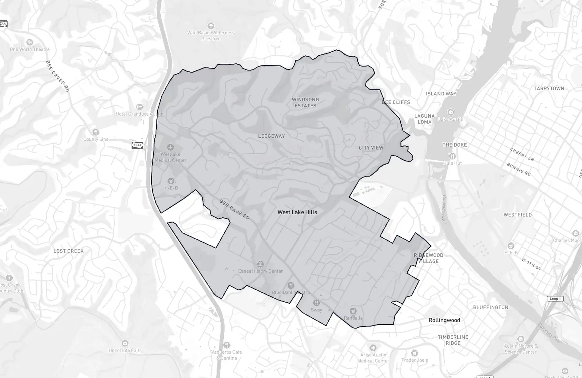 West lake Hills neighborhood boundary map showing the community borders in Austin, Texas