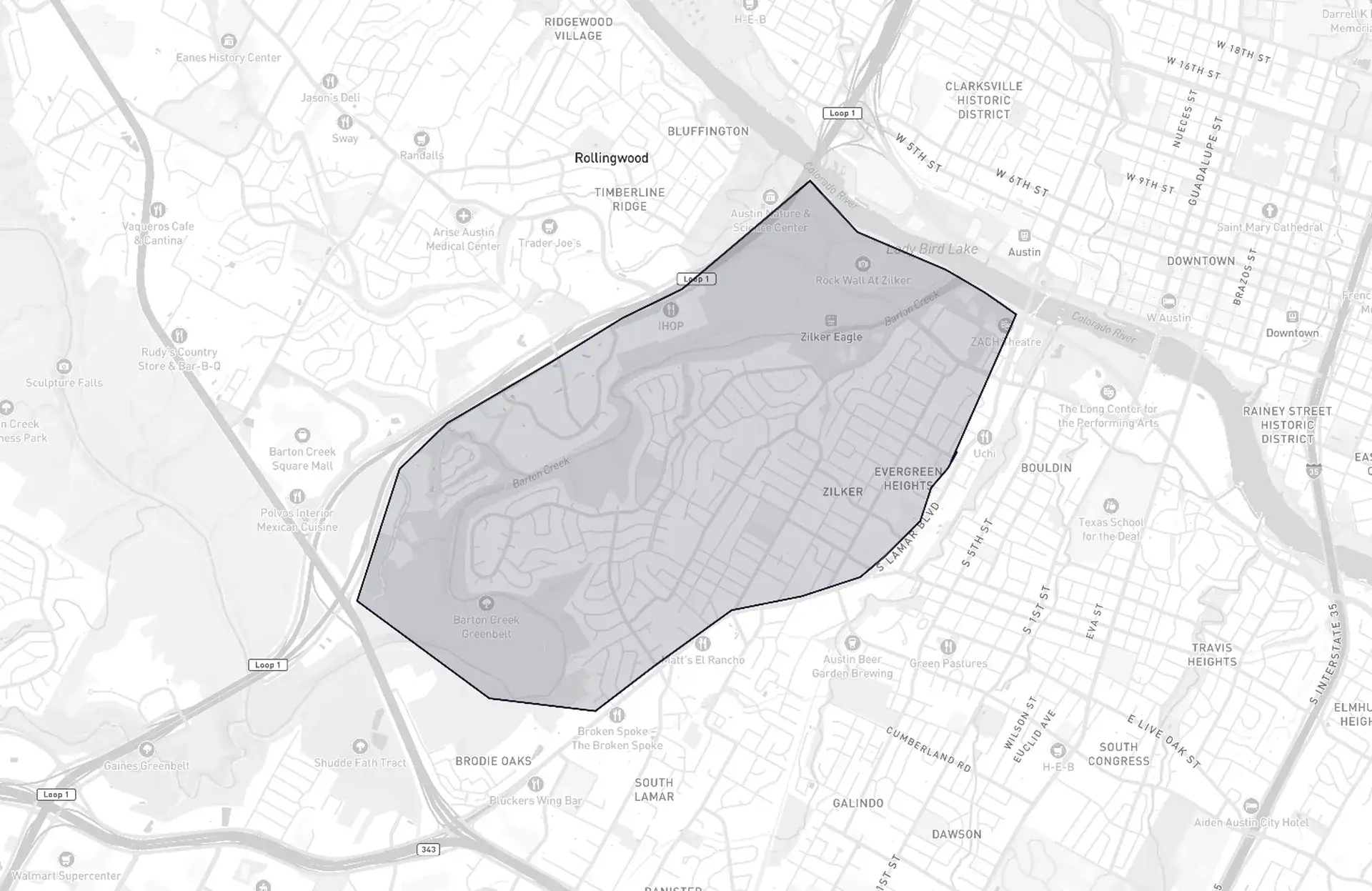 Zilker & Barton Hills neighborhood boundary map showing the community borders in Austin, Texas